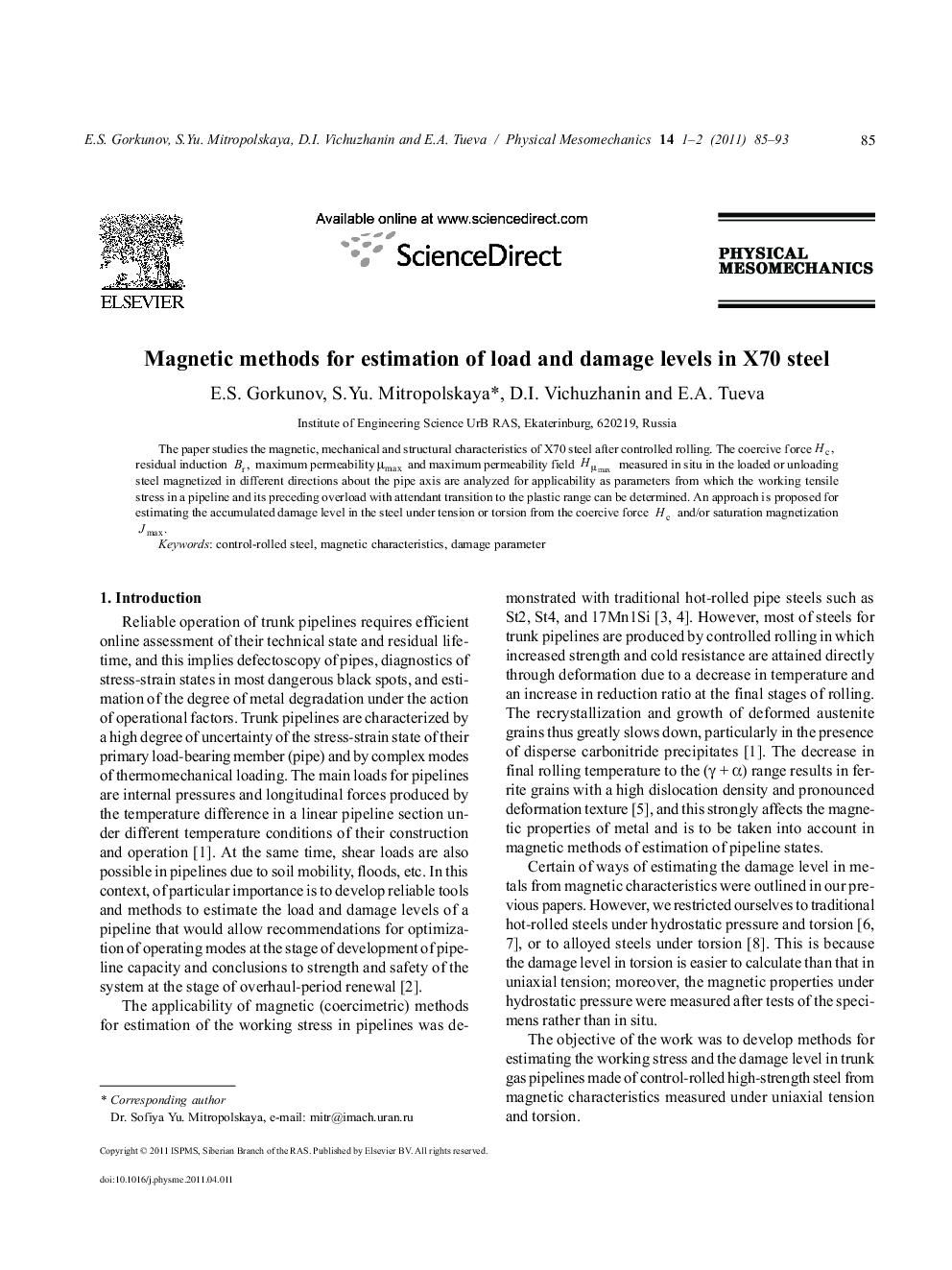 Magnetic methods for estimation of load and damage levels in X70 steel