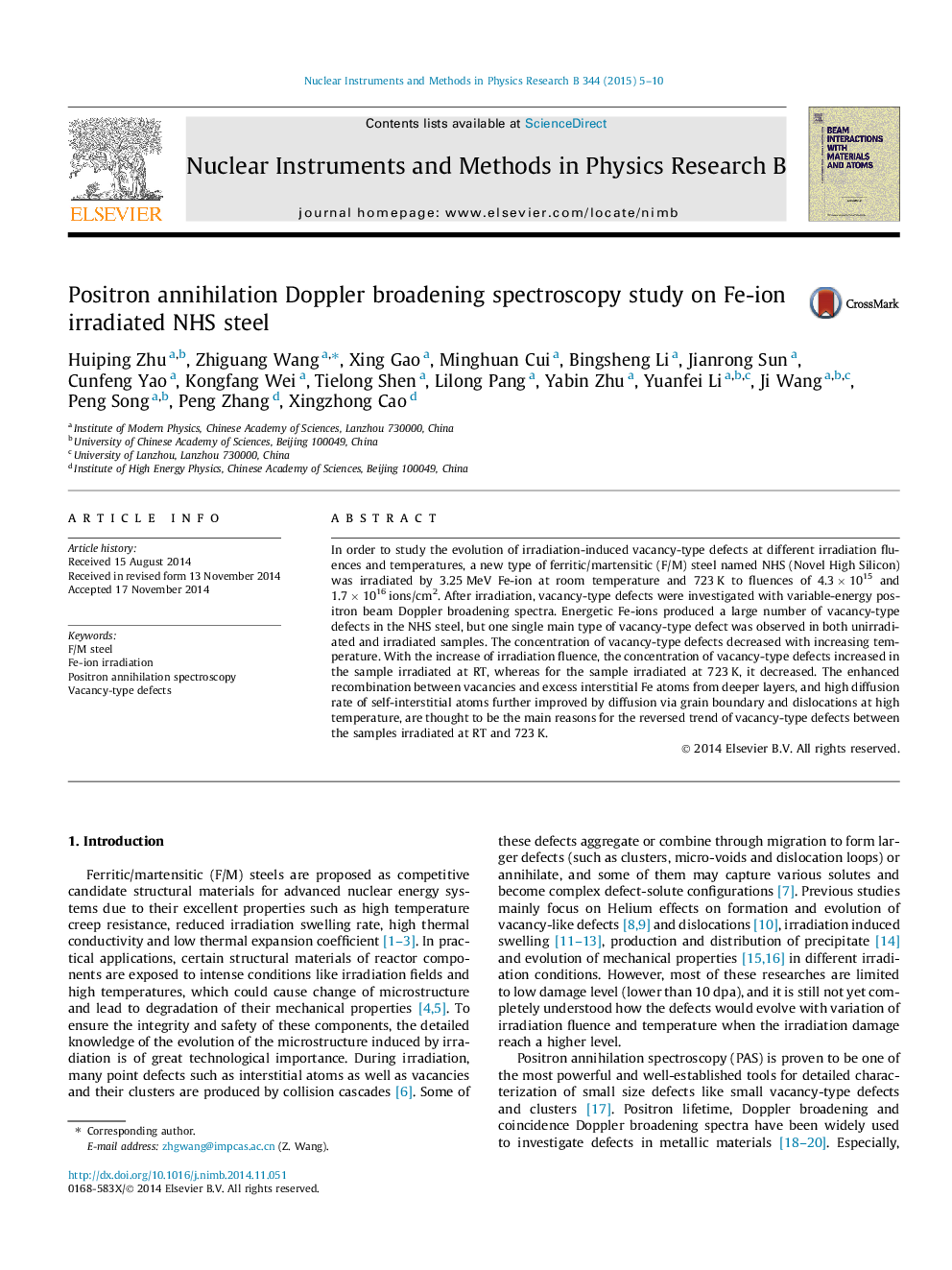 Positron annihilation Doppler broadening spectroscopy study on Fe-ion irradiated NHS steel