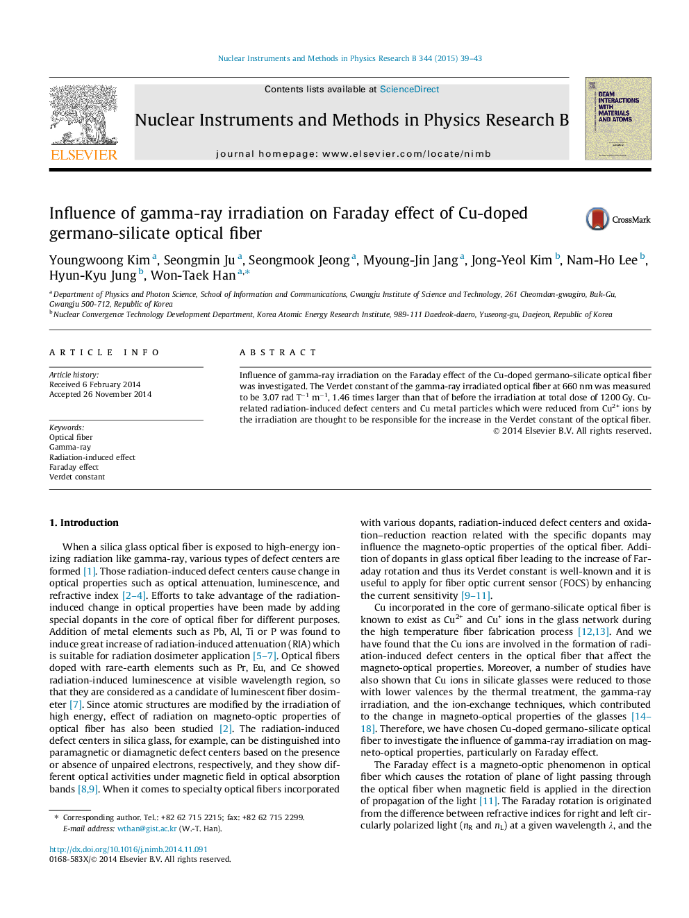 Influence of gamma-ray irradiation on Faraday effect of Cu-doped germano-silicate optical fiber