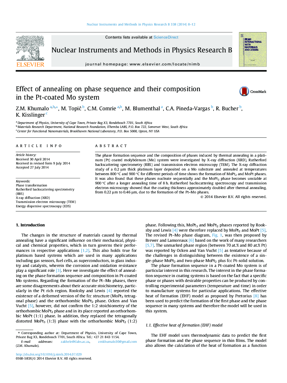 Effect of annealing on phase sequence and their composition in the Pt-coated Mo system