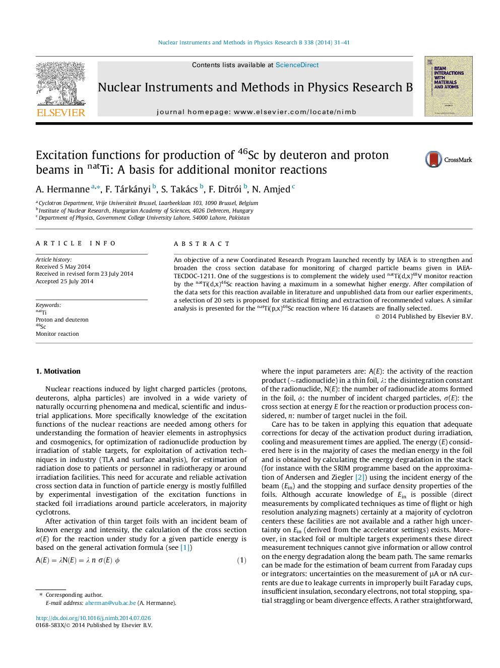 Excitation functions for production of 46Sc by deuteron and proton beams in natTi: A basis for additional monitor reactions