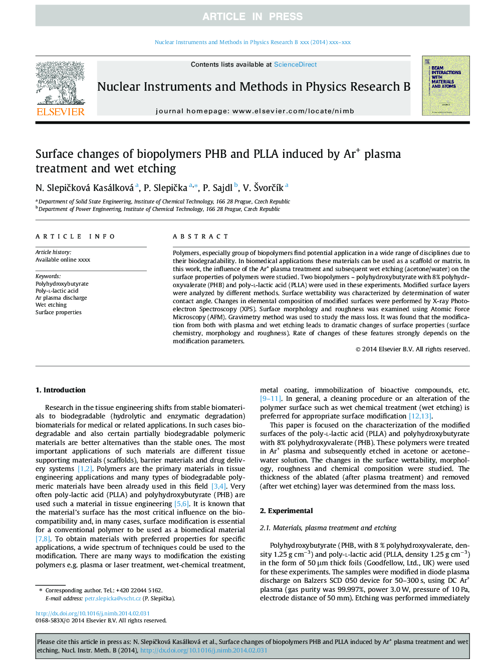 Surface changes of biopolymers PHB and PLLA induced by Ar+ plasma treatment and wet etching