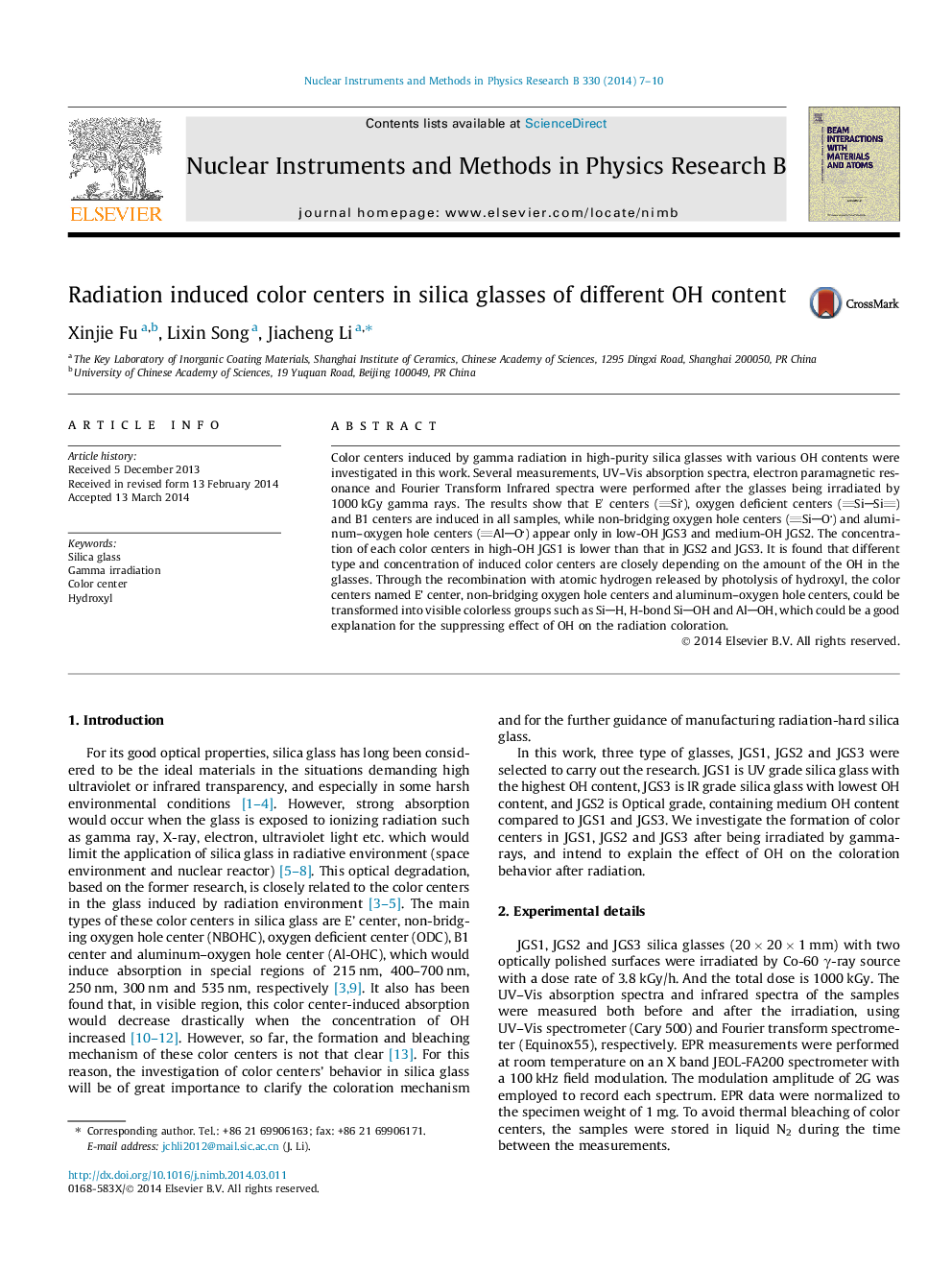 Radiation induced color centers in silica glasses of different OH content