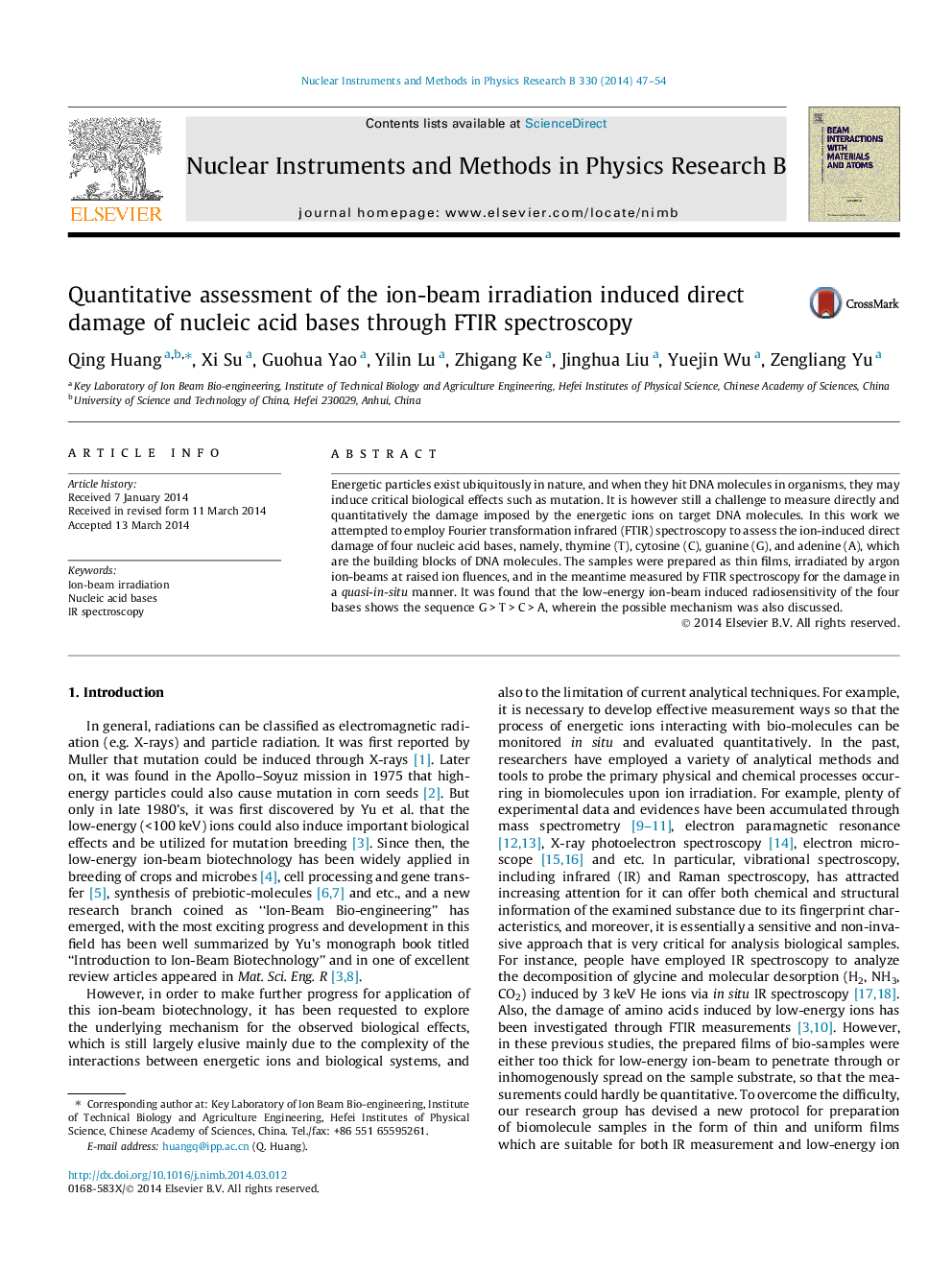 Quantitative assessment of the ion-beam irradiation induced direct damage of nucleic acid bases through FTIR spectroscopy