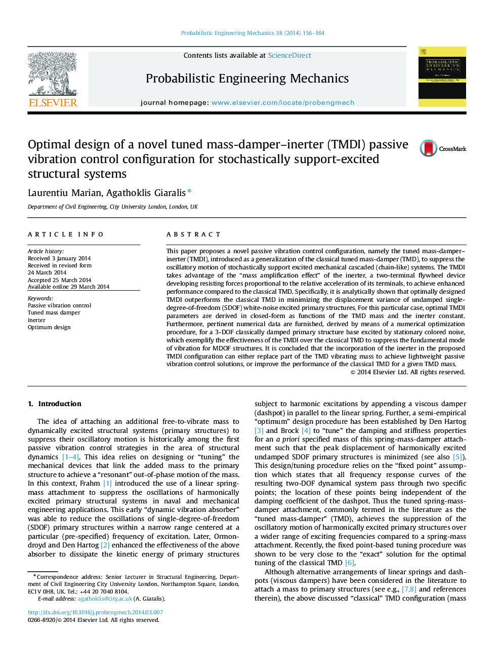 Optimal design of a novel tuned mass-damper–inerter (TMDI) passive vibration control configuration for stochastically support-excited structural systems