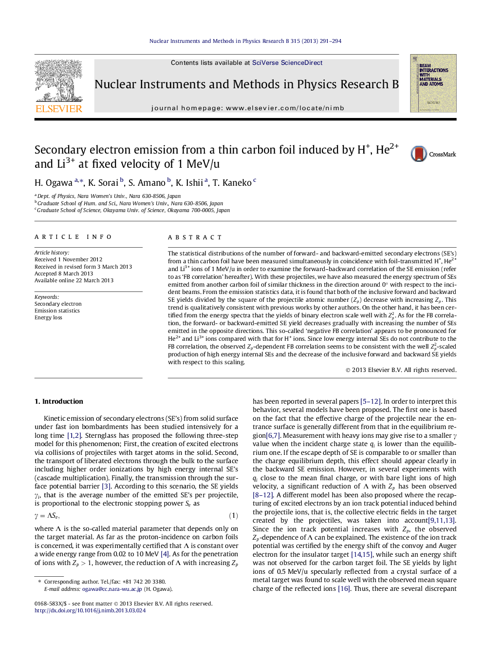 Secondary electron emission from a thin carbon foil induced by H+, He2+ and Li3+ at fixed velocity of 1Â MeV/u