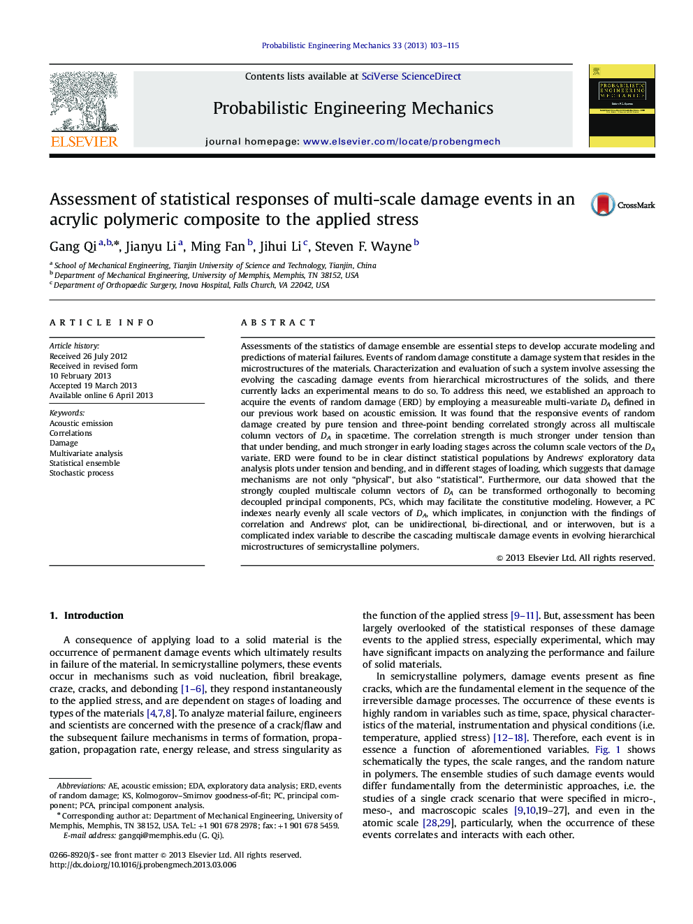 Assessment of statistical responses of multi-scale damage events in an acrylic polymeric composite to the applied stress