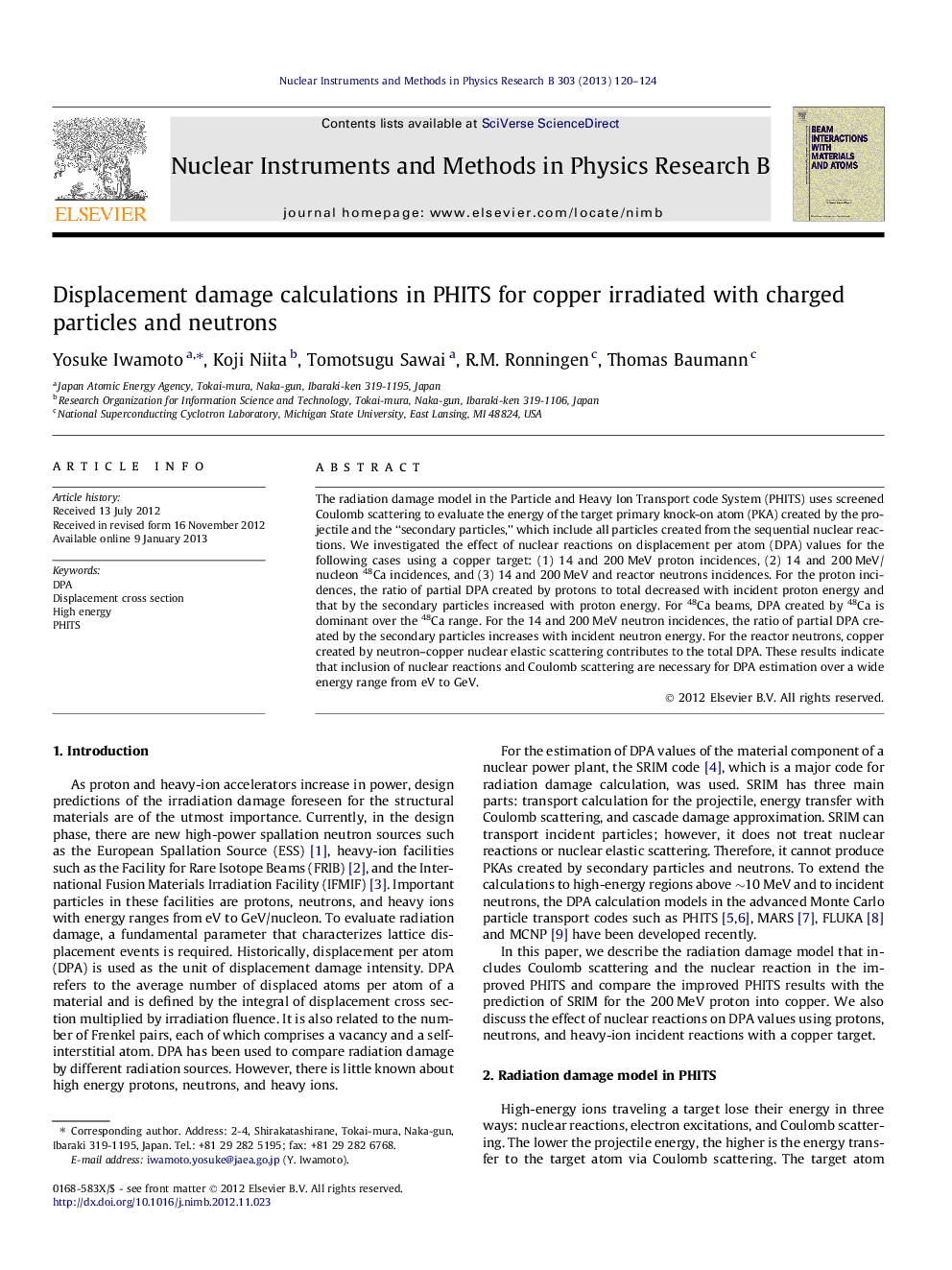 Displacement damage calculations in PHITS for copper irradiated with charged particles and neutrons