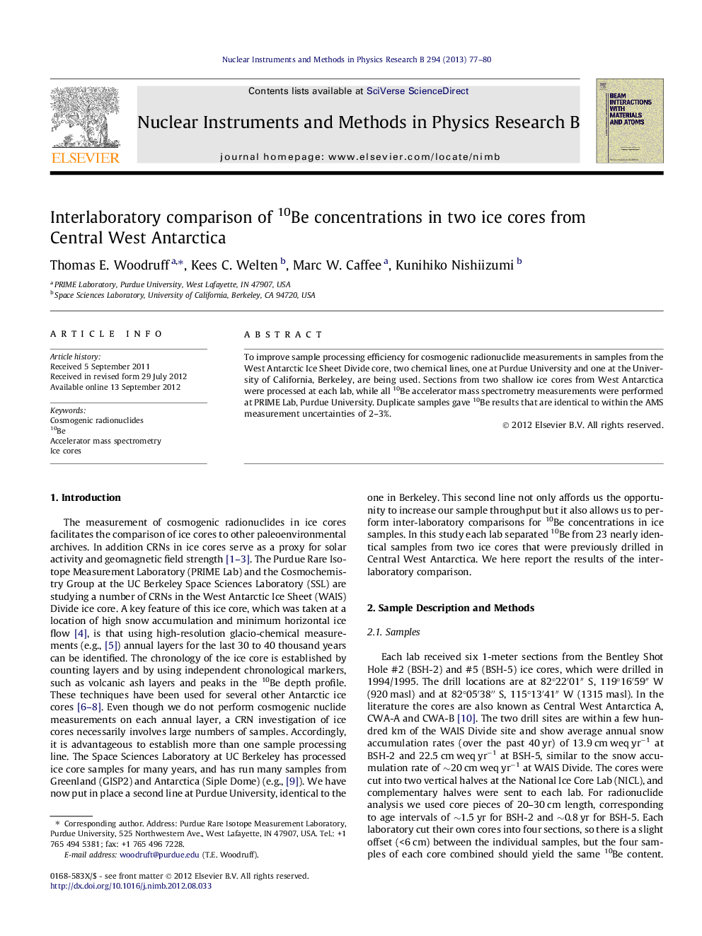 Interlaboratory comparison of 10Be concentrations in two ice cores from Central West Antarctica