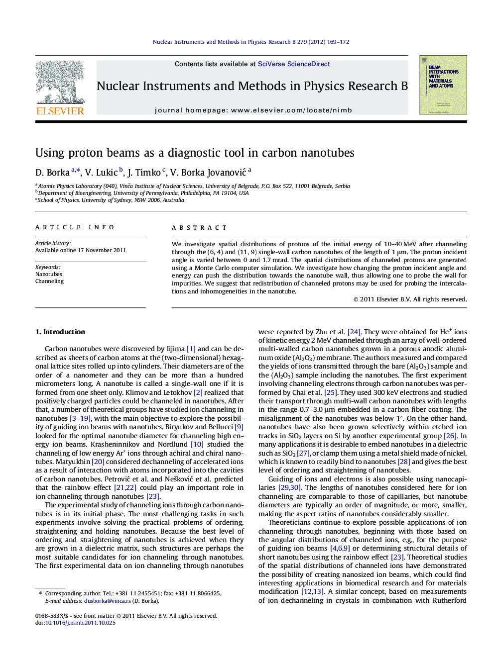 Using proton beams as a diagnostic tool in carbon nanotubes