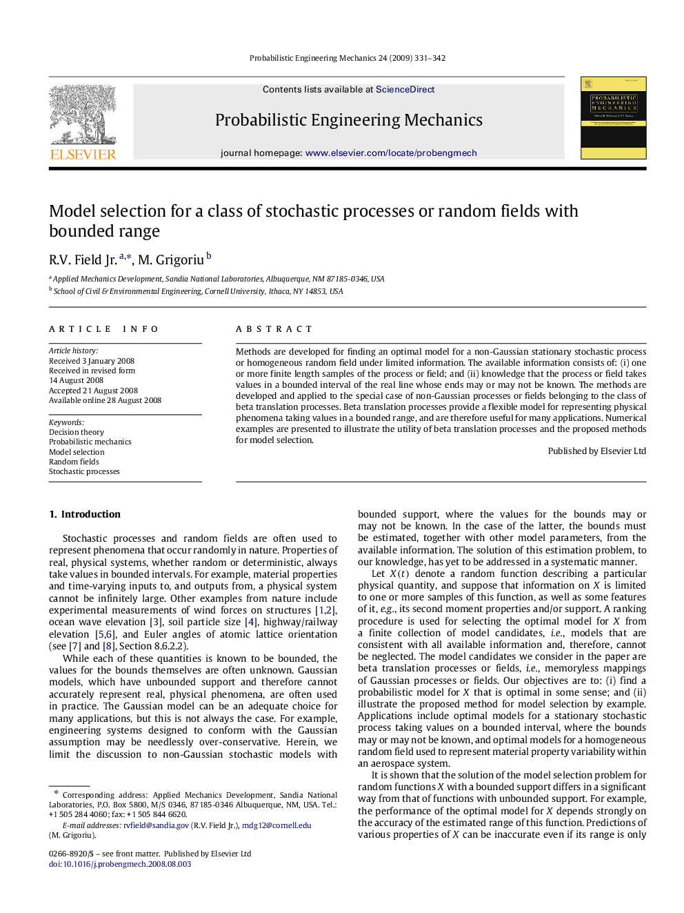 Model selection for a class of stochastic processes or random fields with bounded range