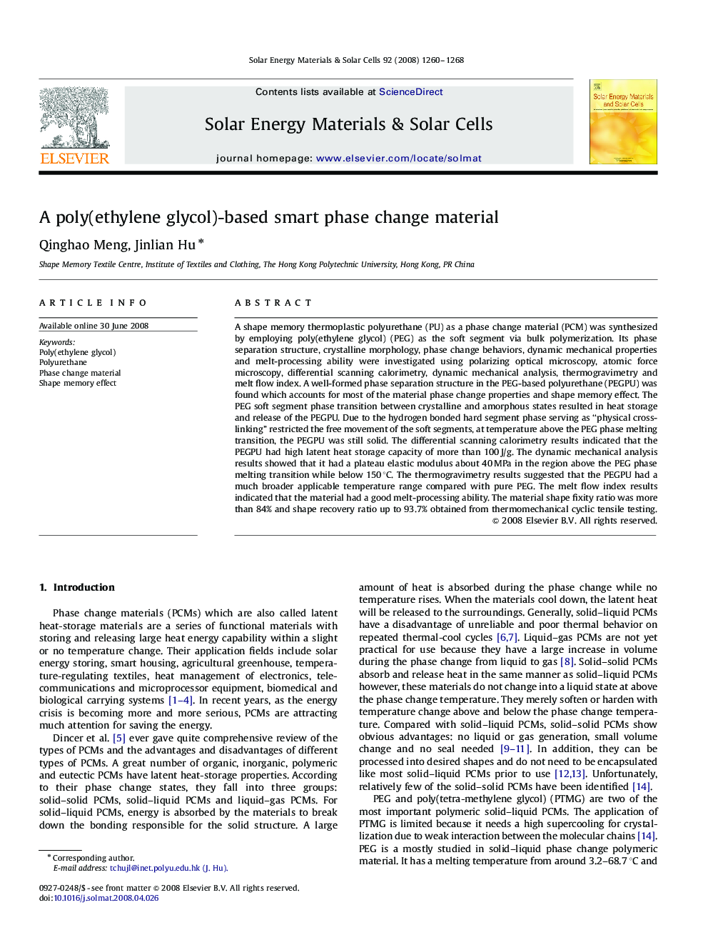 A poly(ethylene glycol)-based smart phase change material