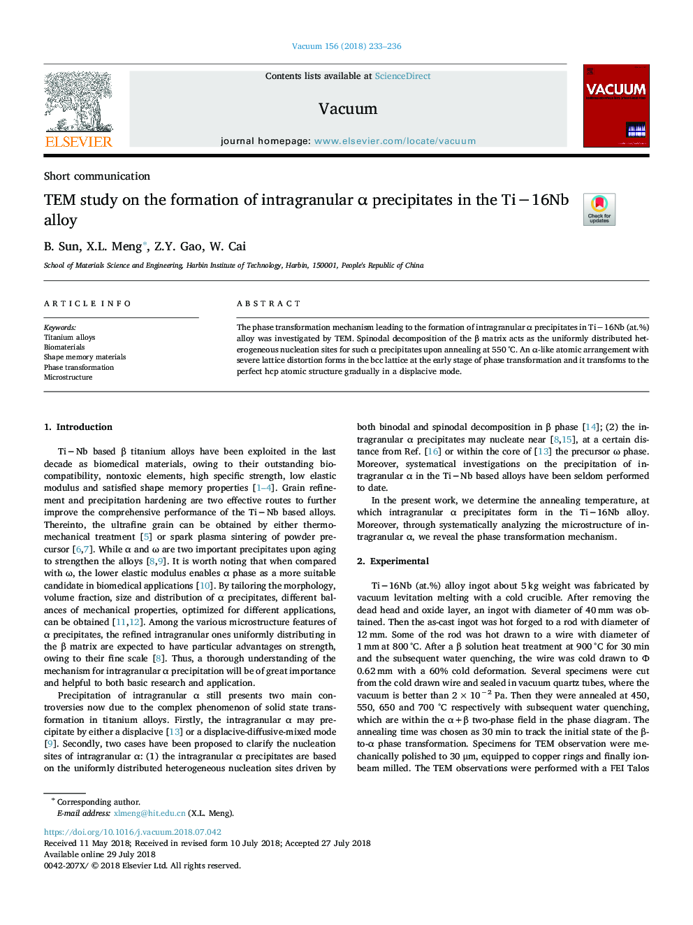 TEM study on the formation of intragranular Î± precipitates in the Tiâ16Nb alloy
