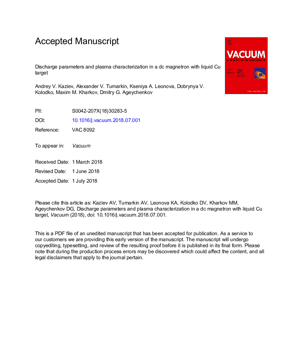 Discharge parameters and plasma characterization in a dc magnetron with liquid Cu target