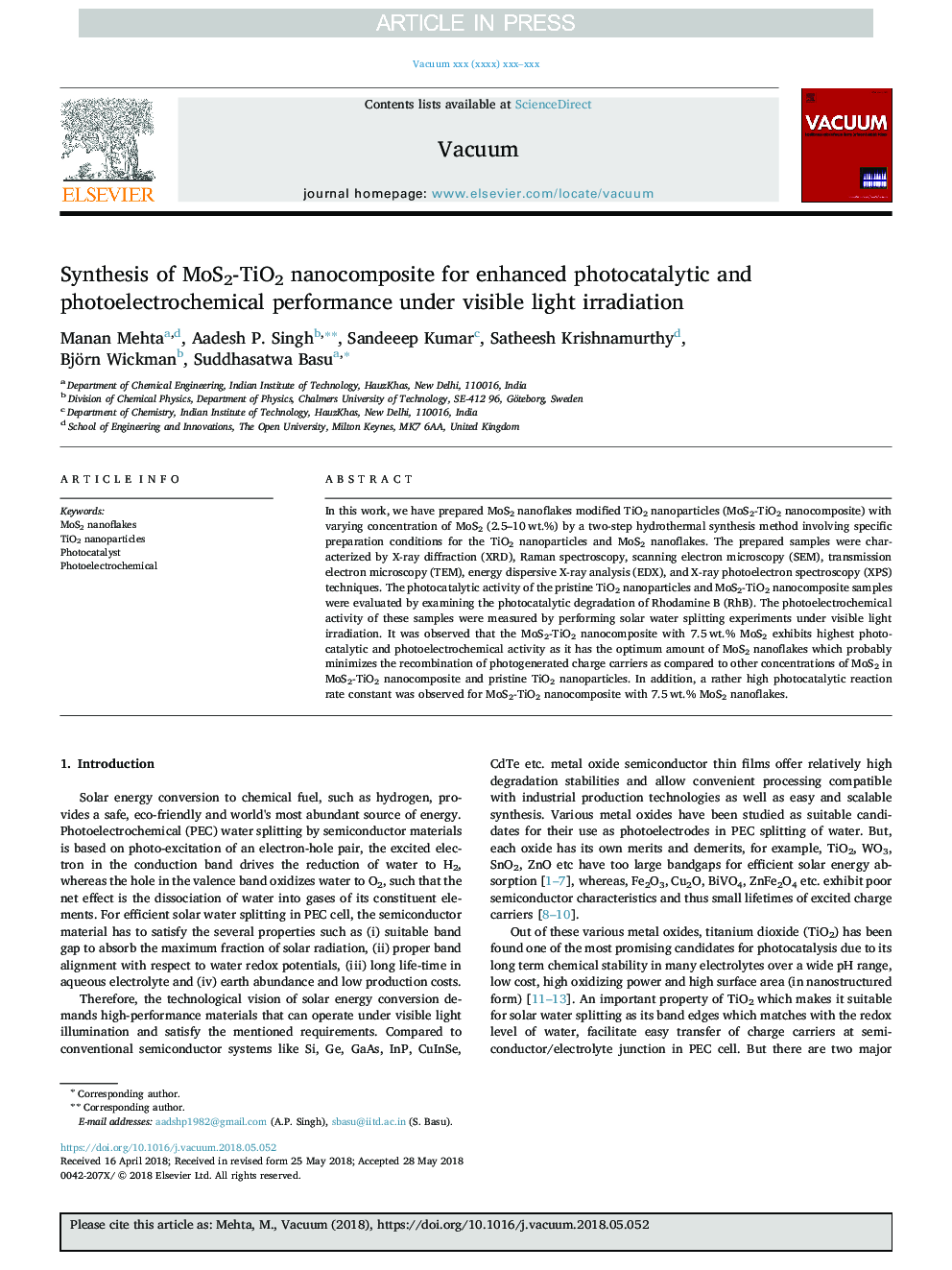 Synthesis of MoS2-TiO2 nanocomposite for enhanced photocatalytic and photoelectrochemical performance under visible light irradiation