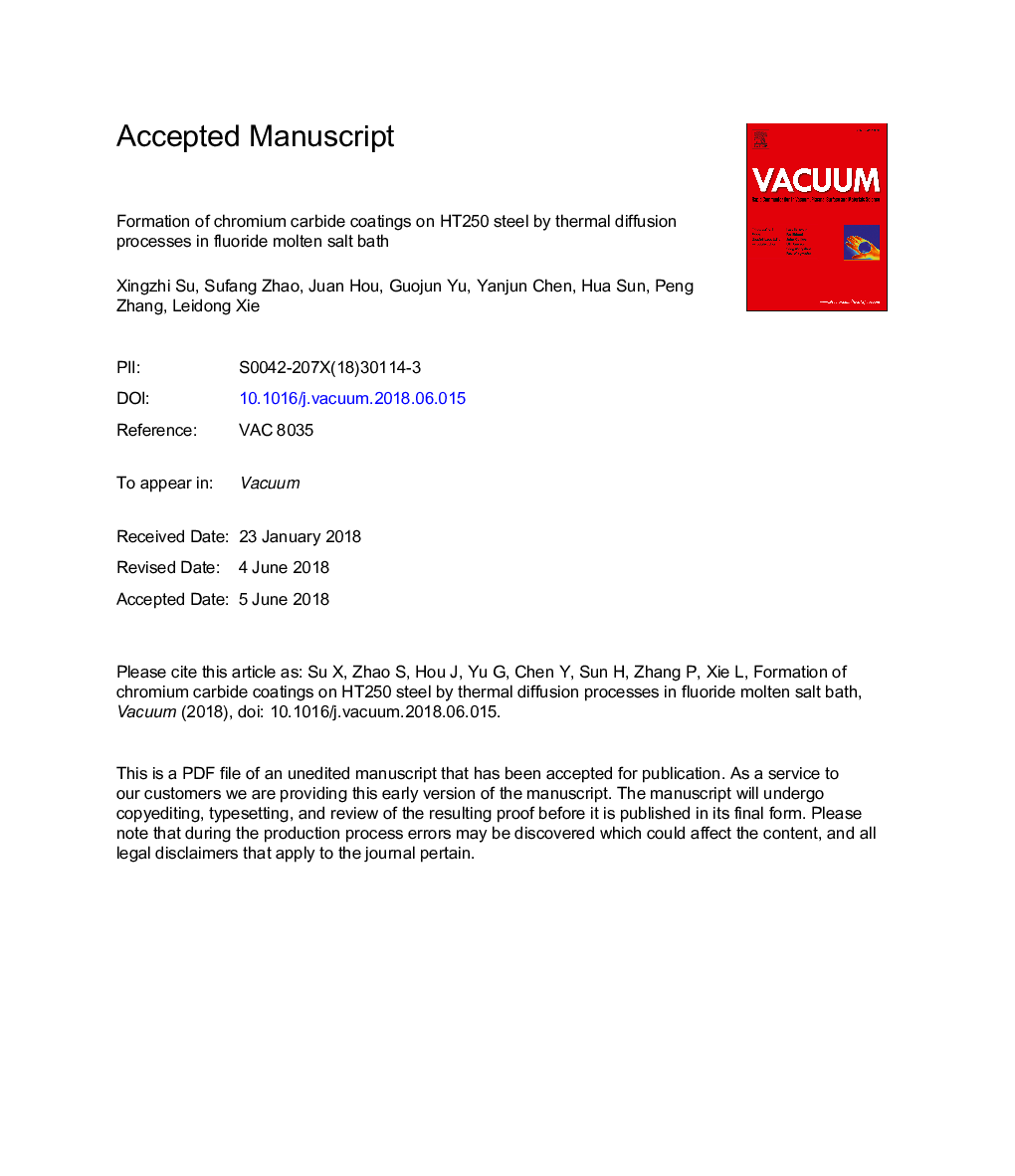عکس صفحه اول مقاله: Formation of chromium carbide coatings on HT250 steel by thermal diffusion processes in fluoride molten salt bath Formation of chromium carbide coatings on HT250 steel by thermal diffusion processes in fluoride molten salt bath