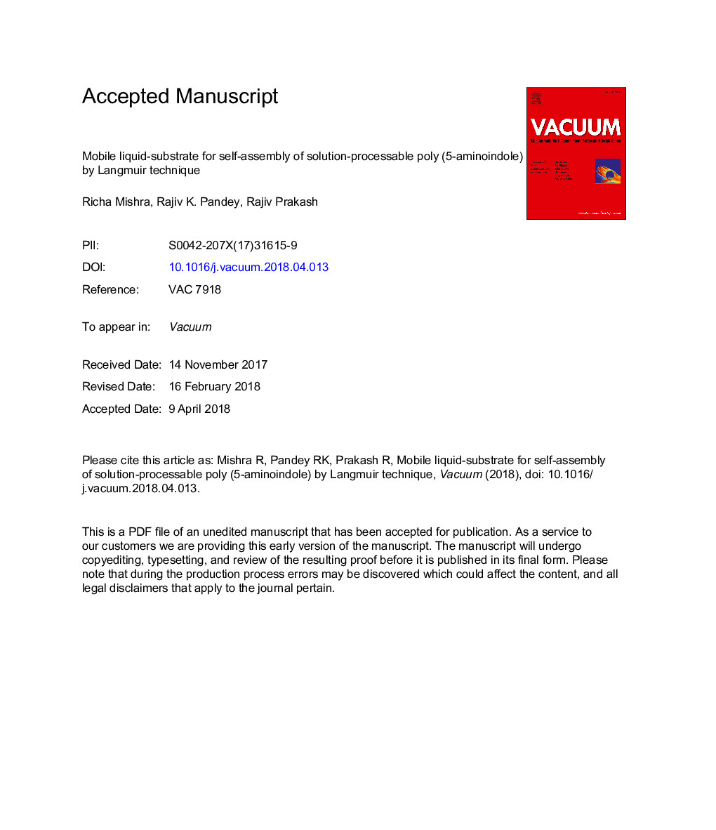 عکس صفحه اول مقاله: Mobile liquid-substrate for self-assembly of solution-processable poly (5-aminoindole) by Langmuir technique Mobile liquid-substrate for self-assembly of solution-processable poly (5-aminoindole) by Langmuir technique