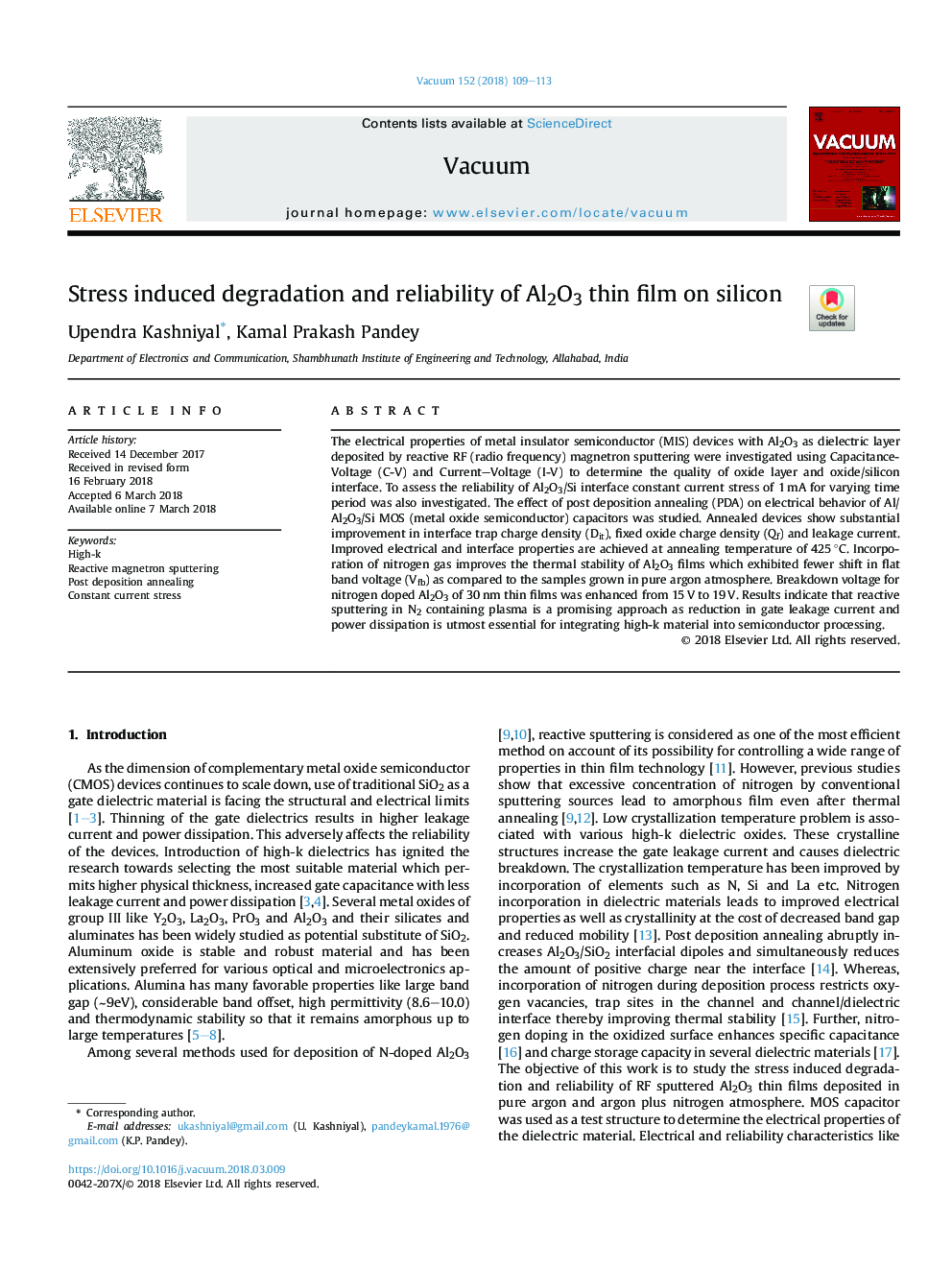 Stress induced degradation and reliability of Al2O3 thin film on silicon