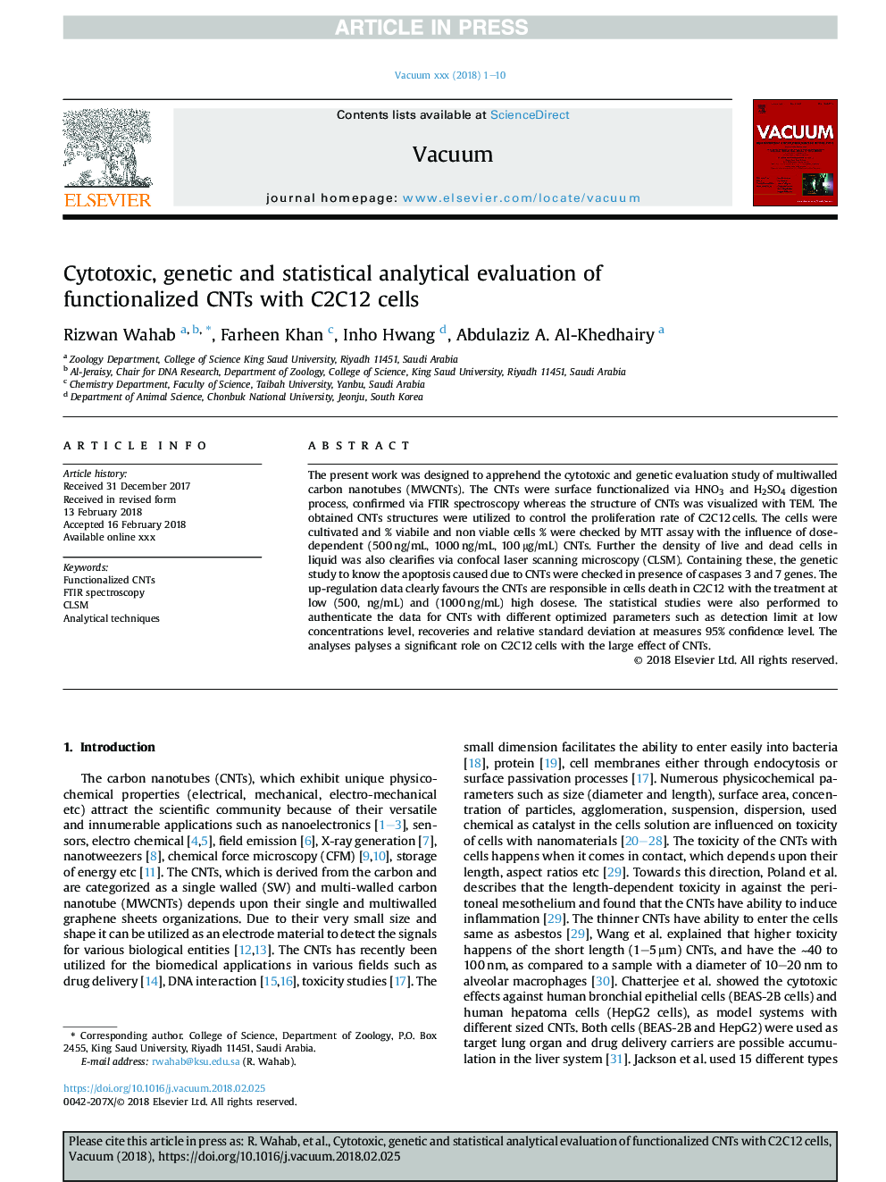 Cytotoxic, genetic and statistical analytical evaluation of functionalized CNTs with C2C12 cells