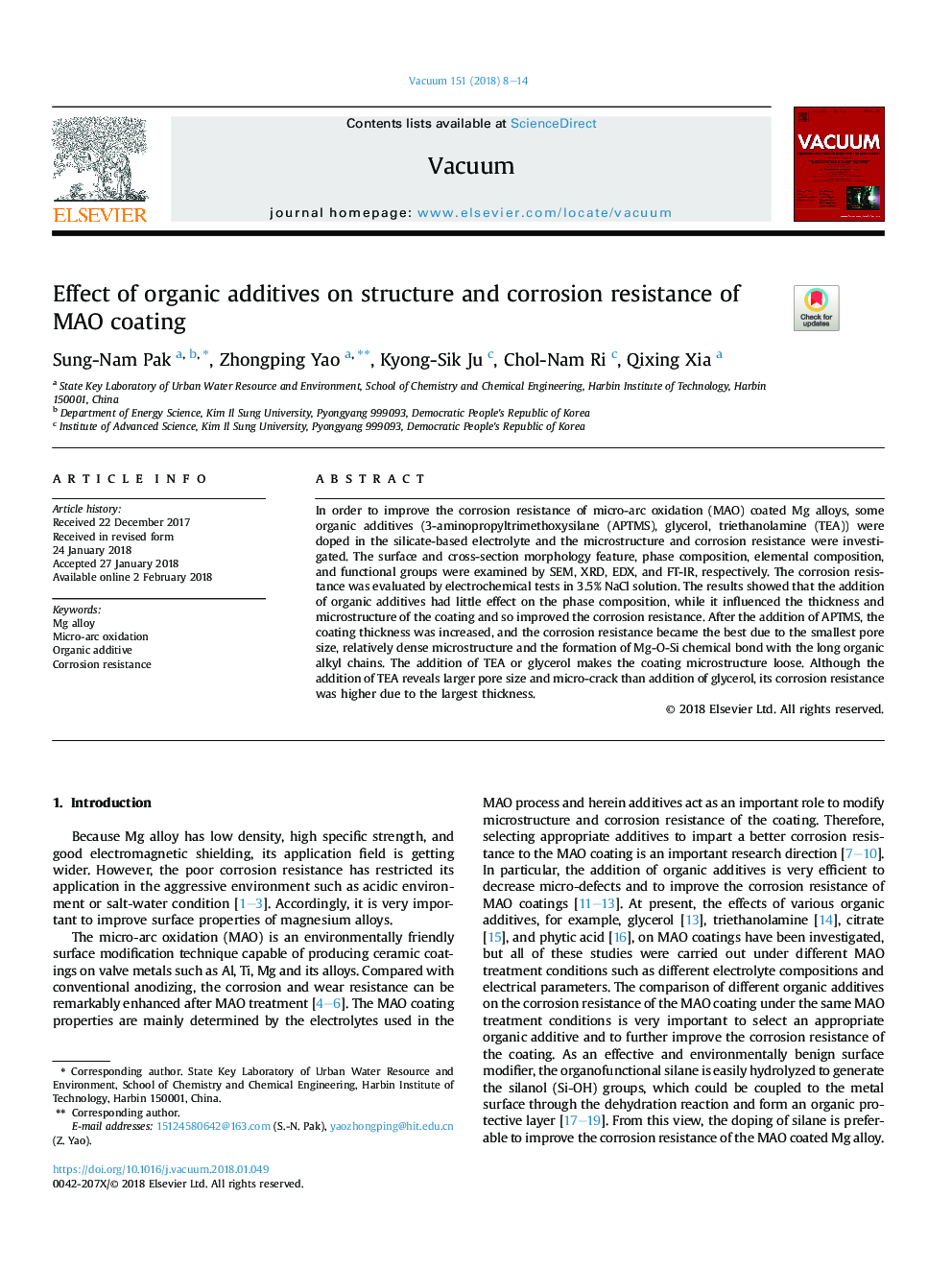 Effect of organic additives on structure and corrosion resistance of MAO coating