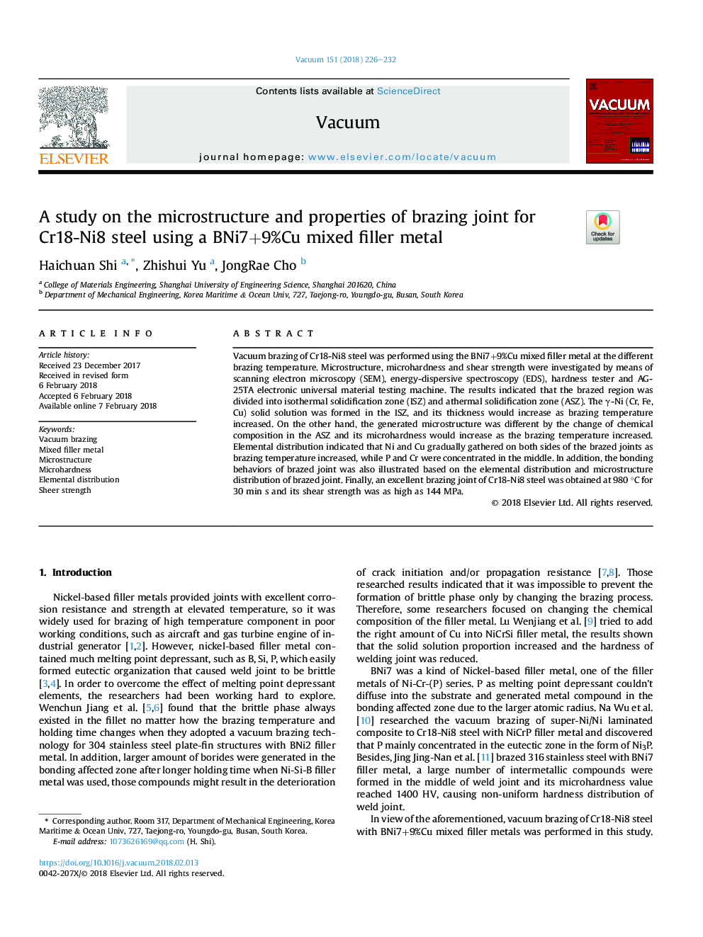 A study on the microstructure and properties of brazing joint for Cr18-Ni8 steel using a BNi7+9%Cu mixed filler metal