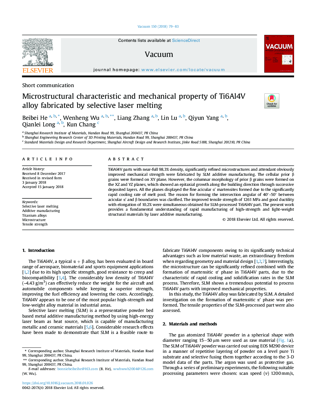 Microstructural characteristic and mechanical property of Ti6Al4V alloy fabricated by selective laser melting