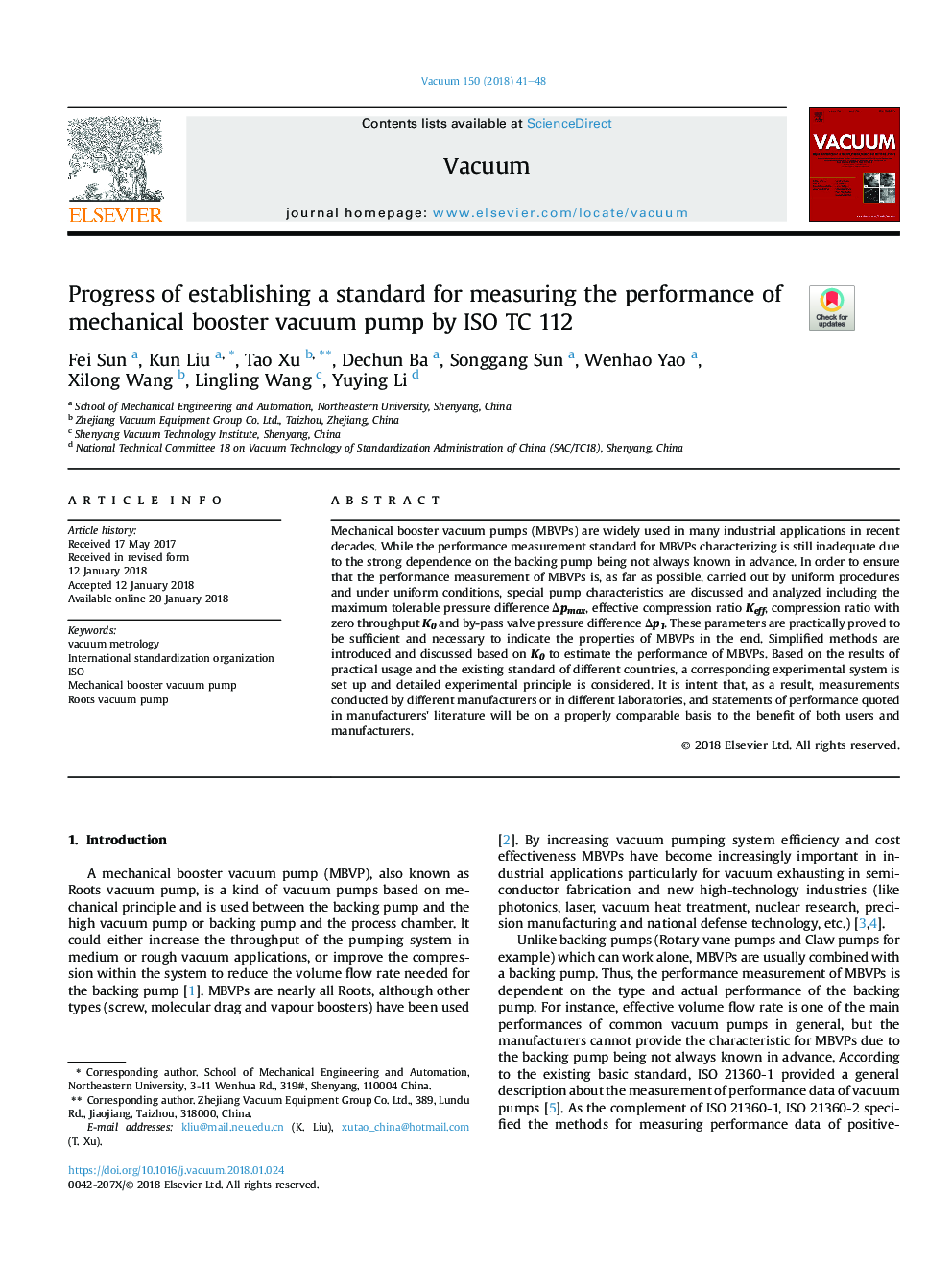 Progress of establishing a standard for measuring the performance of mechanical booster vacuum pump by ISO TC 112