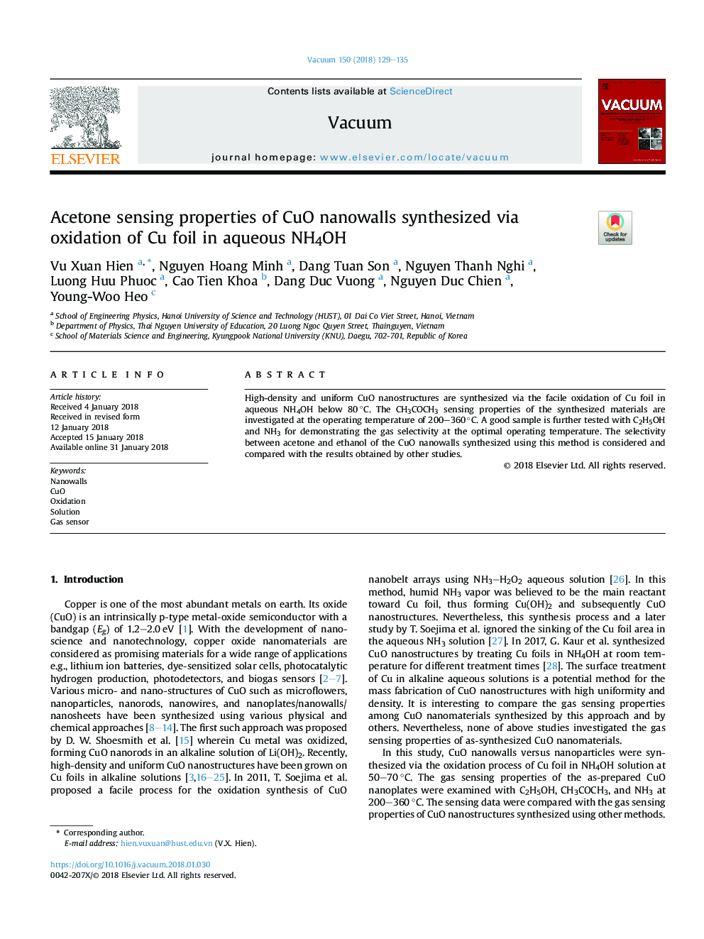 Acetone sensing properties of CuO nanowalls synthesized via oxidation of Cu foil in aqueous NH4OH