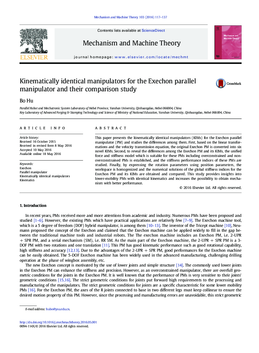 Kinematically identical manipulators for the Exechon parallel manipulator and their comparison study