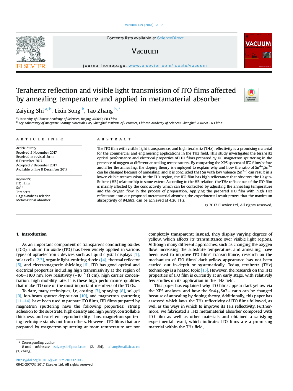 Terahertz reflection and visible light transmission of ITO films affected by annealing temperature and applied in metamaterial absorber