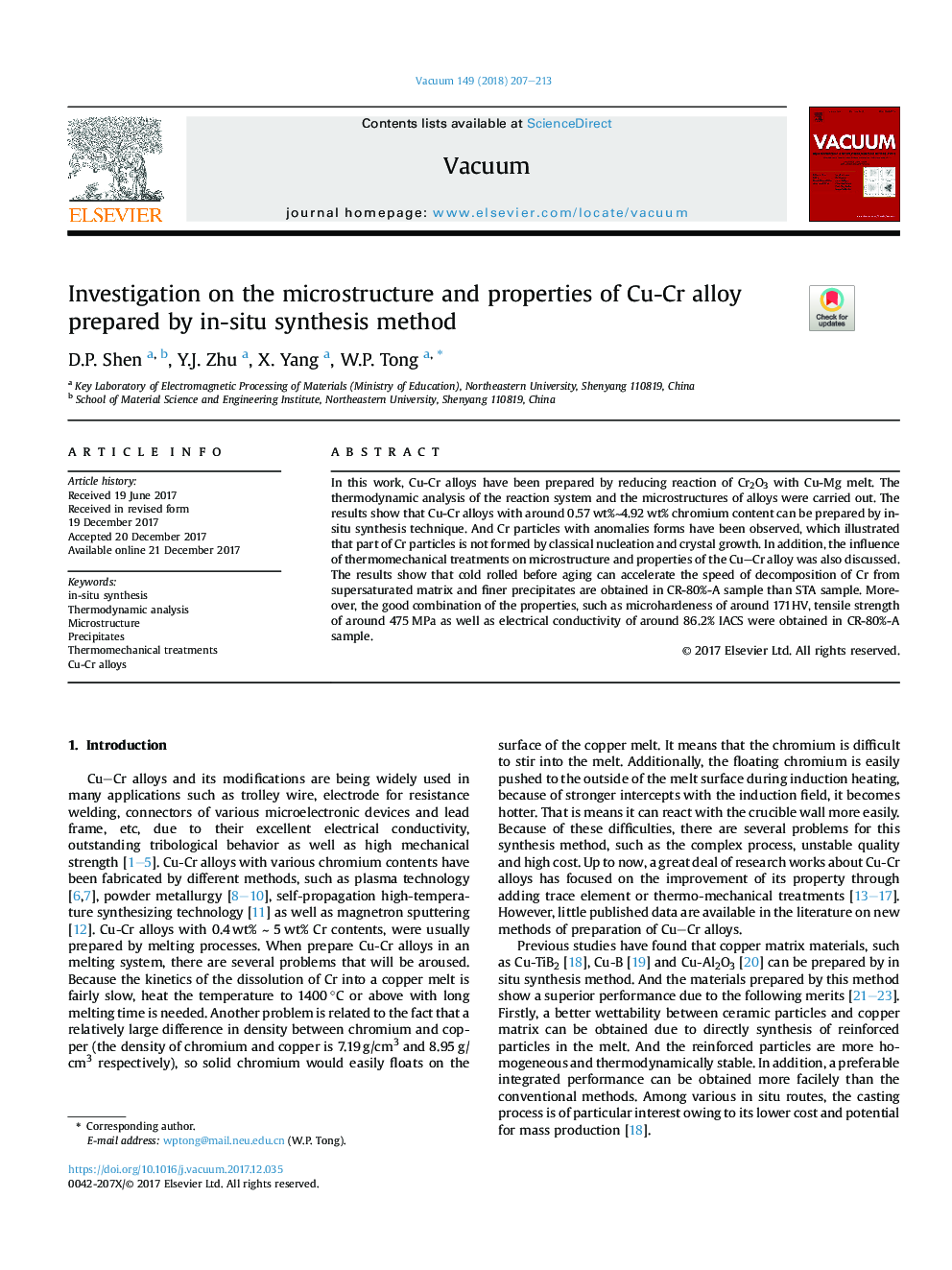 Investigation on the microstructure and properties of Cu-Cr alloy prepared by in-situ synthesis method