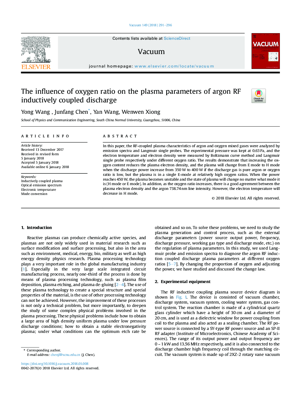 The influence of oxygen ratio on the plasma parameters of argon RF inductively coupled discharge