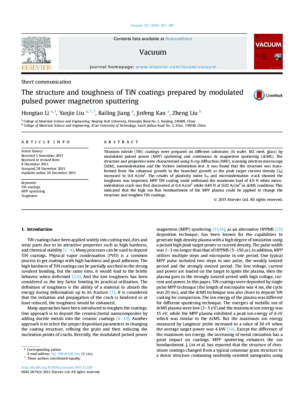 The structure and toughness of TiN coatings prepared by modulated pulsed power magnetron sputtering