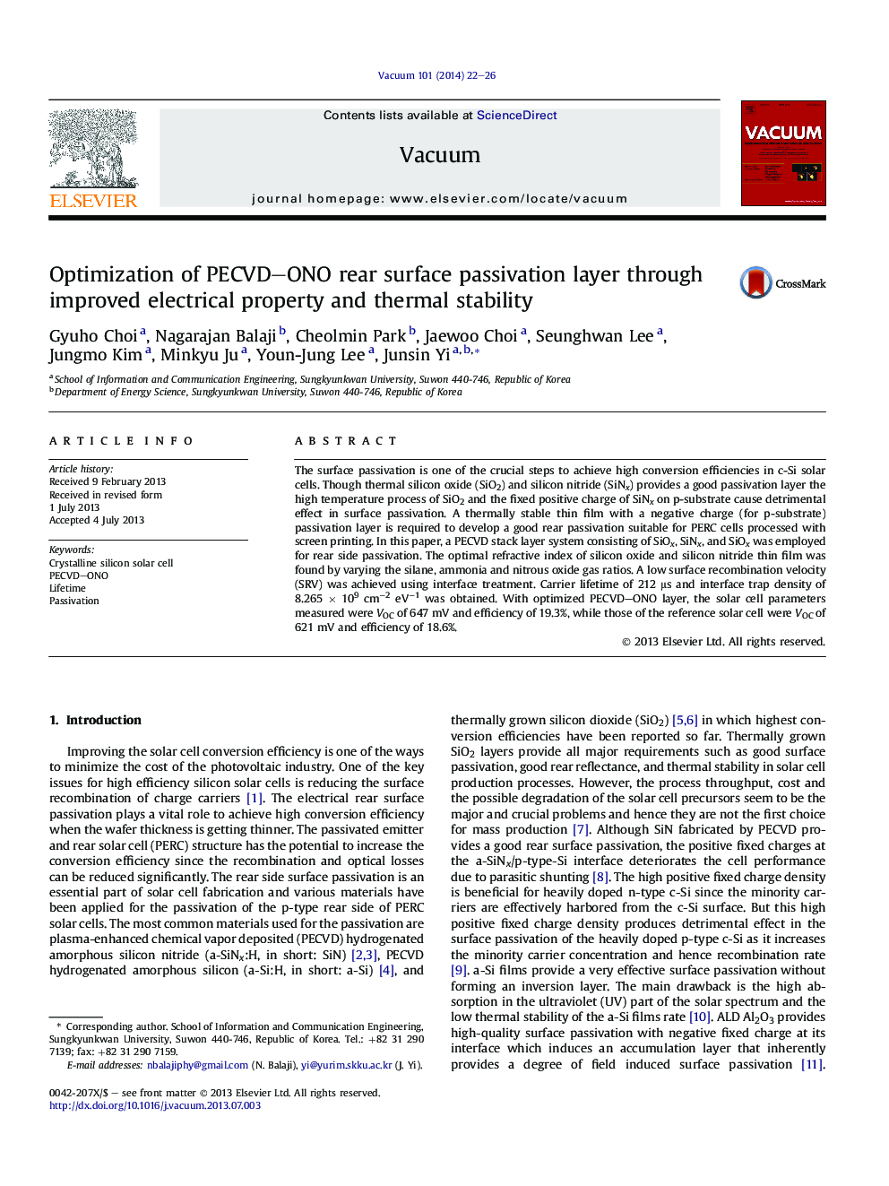 Optimization of PECVD-ONO rear surface passivation layer through improved electrical property and thermal stability