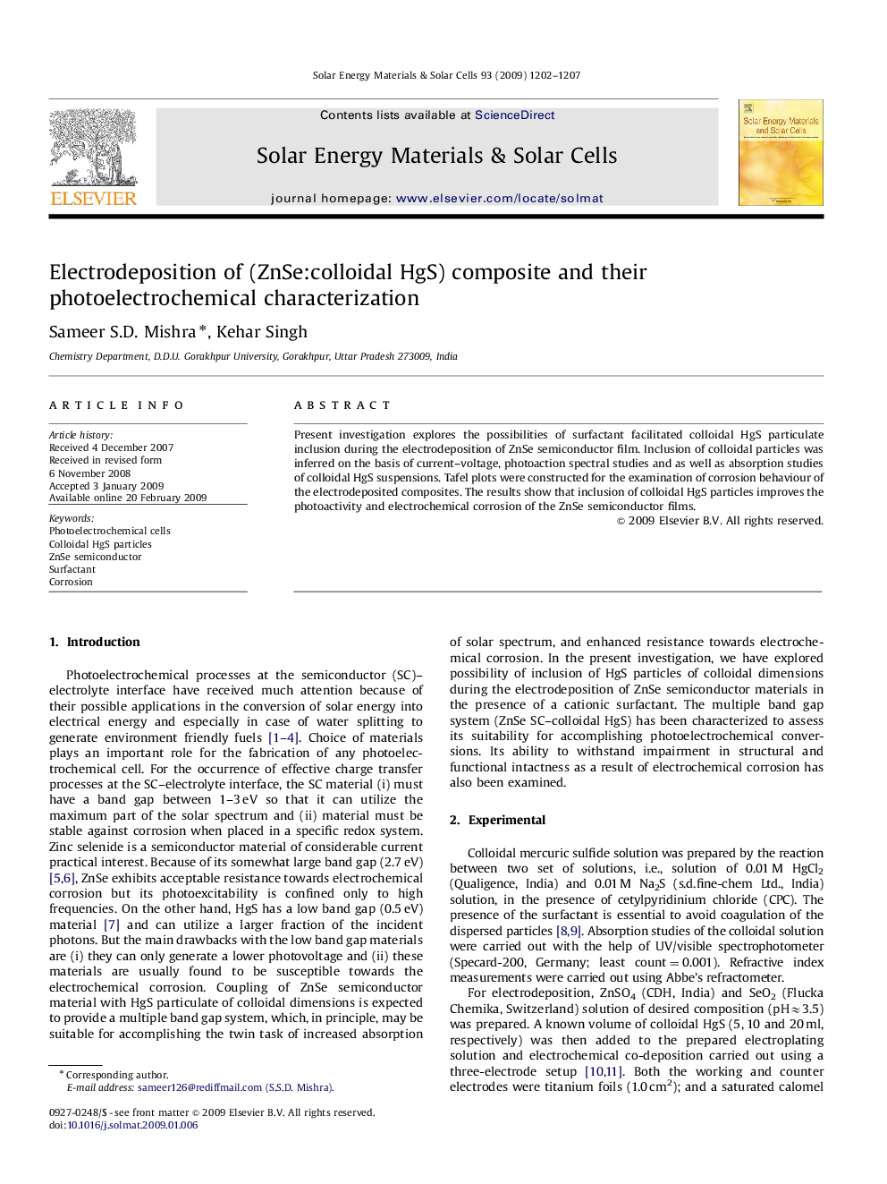 Electrodeposition of (ZnSe:colloidal HgS) composite and their photoelectrochemical characterization