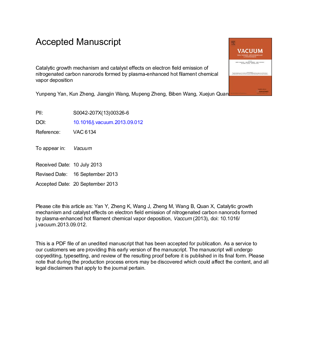 Catalytic growth mechanism and catalyst effects on electron field emission of nitrogenated carbon nanorods formed by plasma-enhanced hot filament chemical vapor deposition