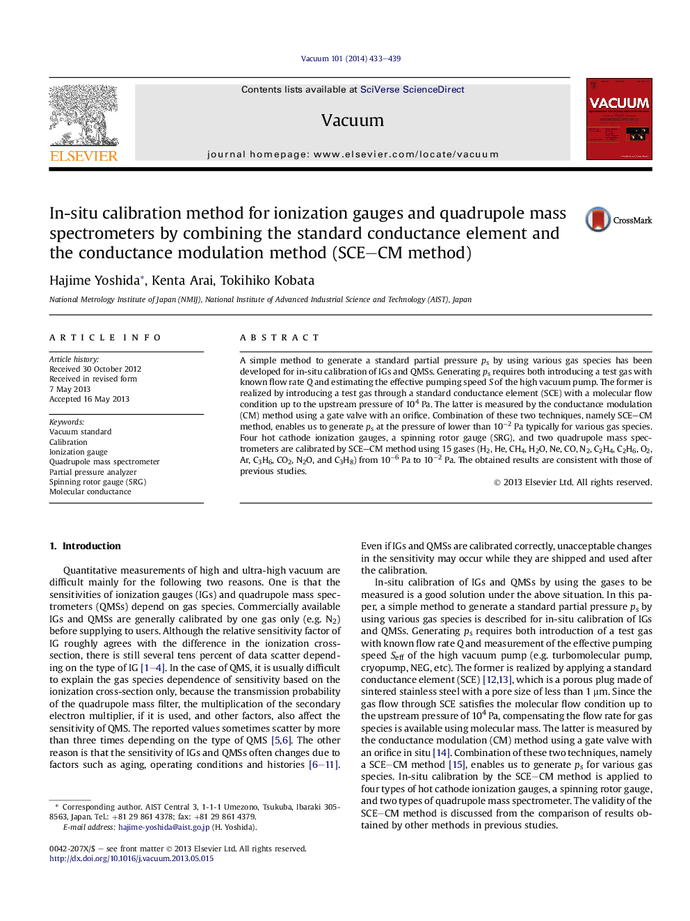 In-situ calibration method for ionization gauges and quadrupole mass spectrometers by combining the standard conductance element and the conductance modulation method (SCE-CM method)