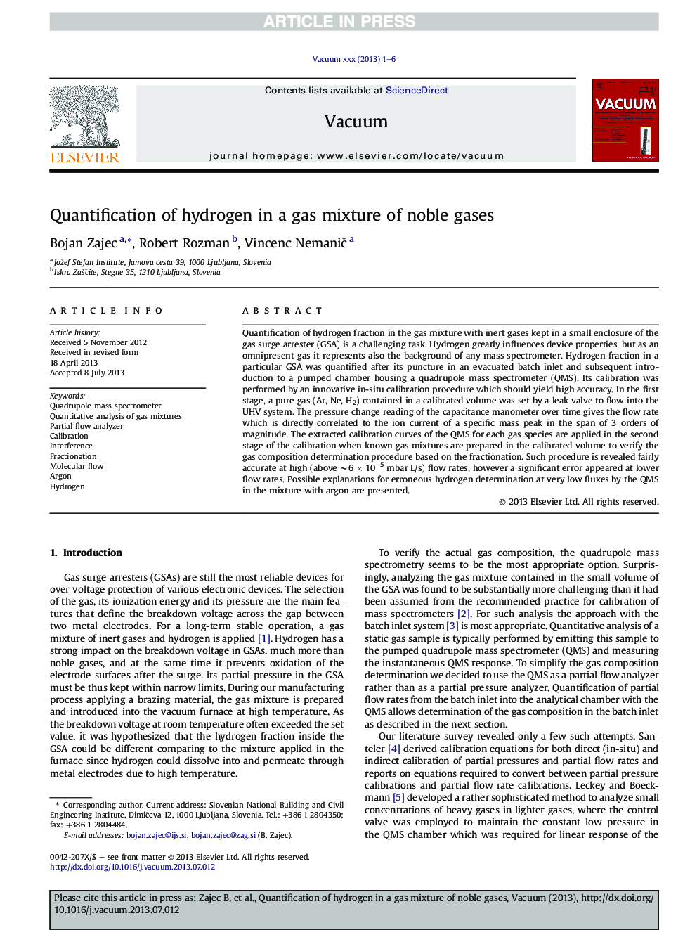 Quantification of hydrogen in a gas mixture of noble gases