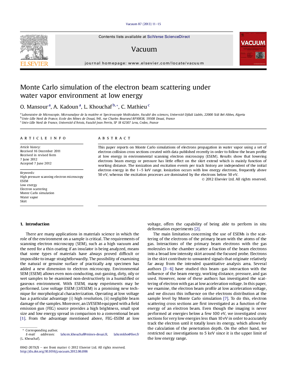 Monte Carlo simulation of the electron beam scattering under water vapor environment at low energy