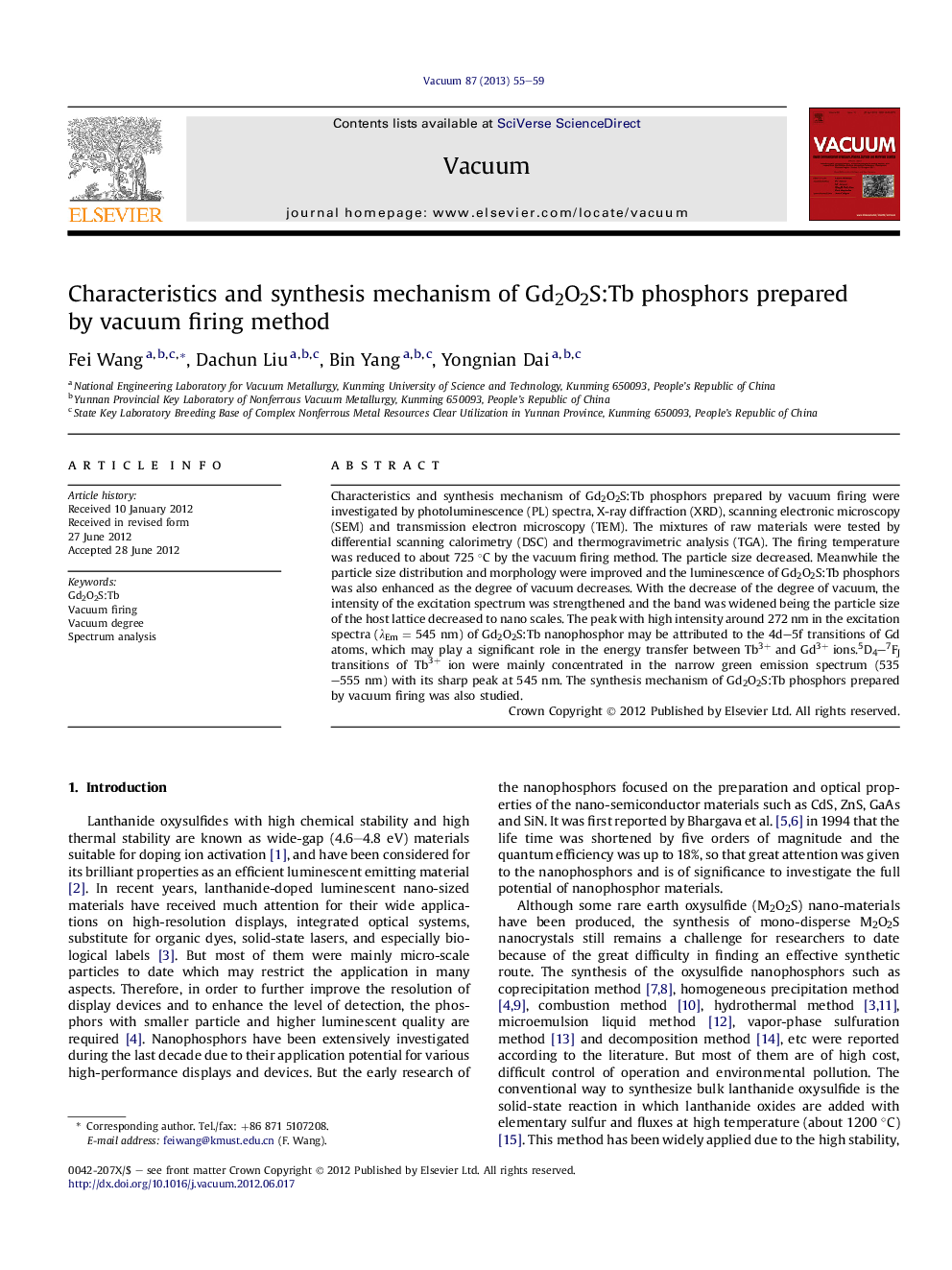 Characteristics and synthesis mechanism of Gd2O2S:Tb phosphors prepared by vacuum firing method