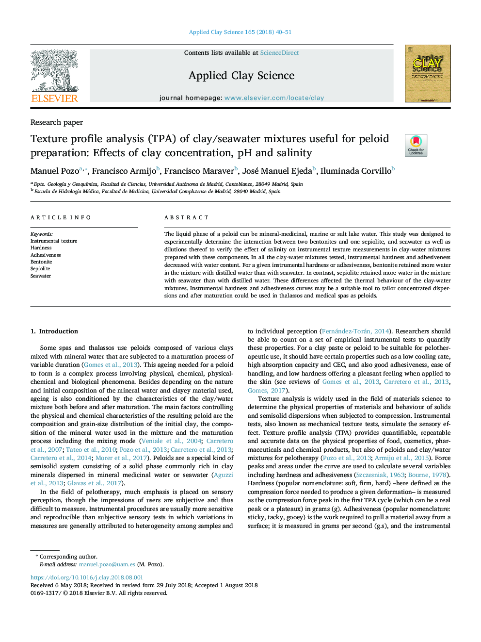 Texture profile analysis (TPA) of clay/seawater mixtures useful for peloid preparation: Effects of clay concentration, pH and salinity