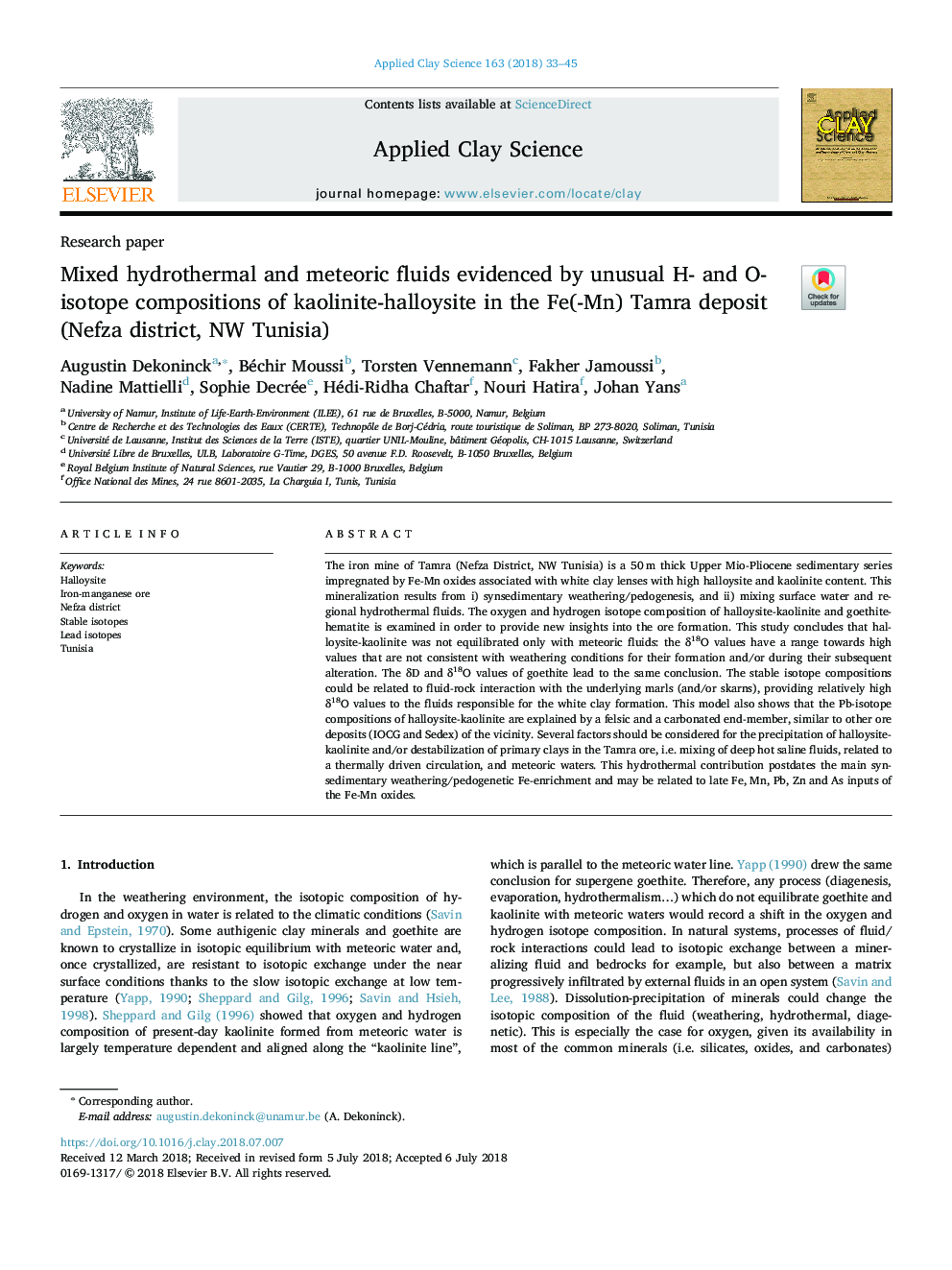 Mixed hydrothermal and meteoric fluids evidenced by unusual H- and O-isotope compositions of kaolinite-halloysite in the Fe(-Mn) Tamra deposit (Nefza district, NW Tunisia)