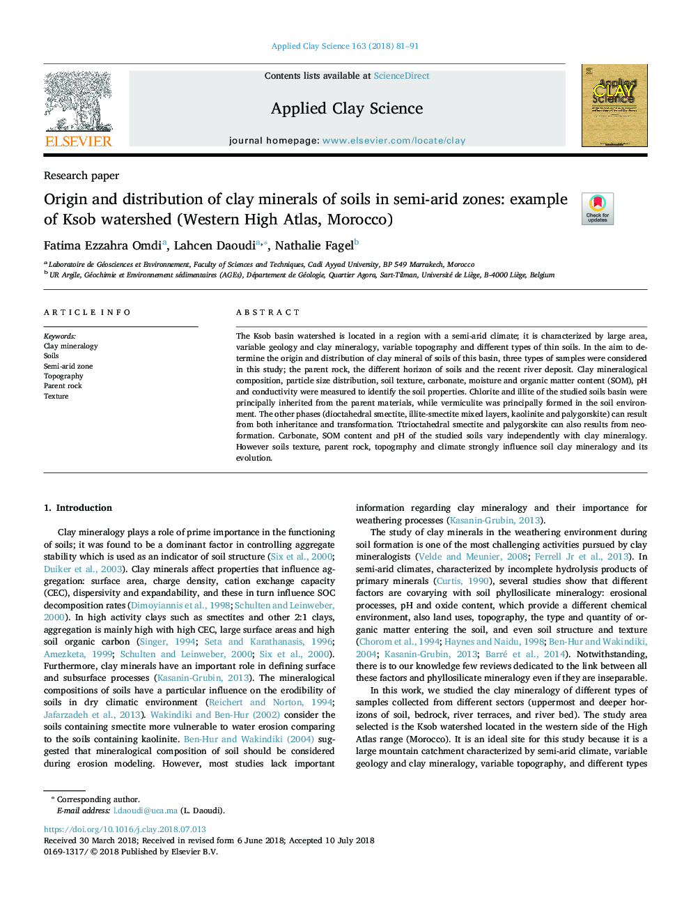 Origin and distribution of clay minerals of soils in semi-arid zones: example of Ksob watershed (Western High Atlas, Morocco)