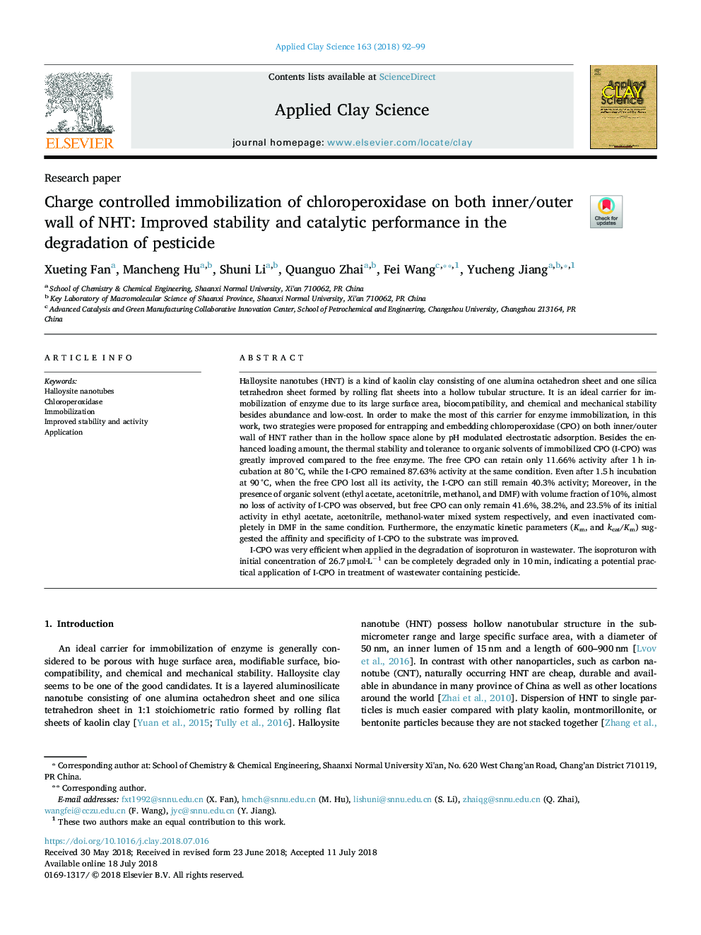 Charge controlled immobilization of chloroperoxidase on both inner/outer wall of NHT: Improved stability and catalytic performance in the degradation of pesticide