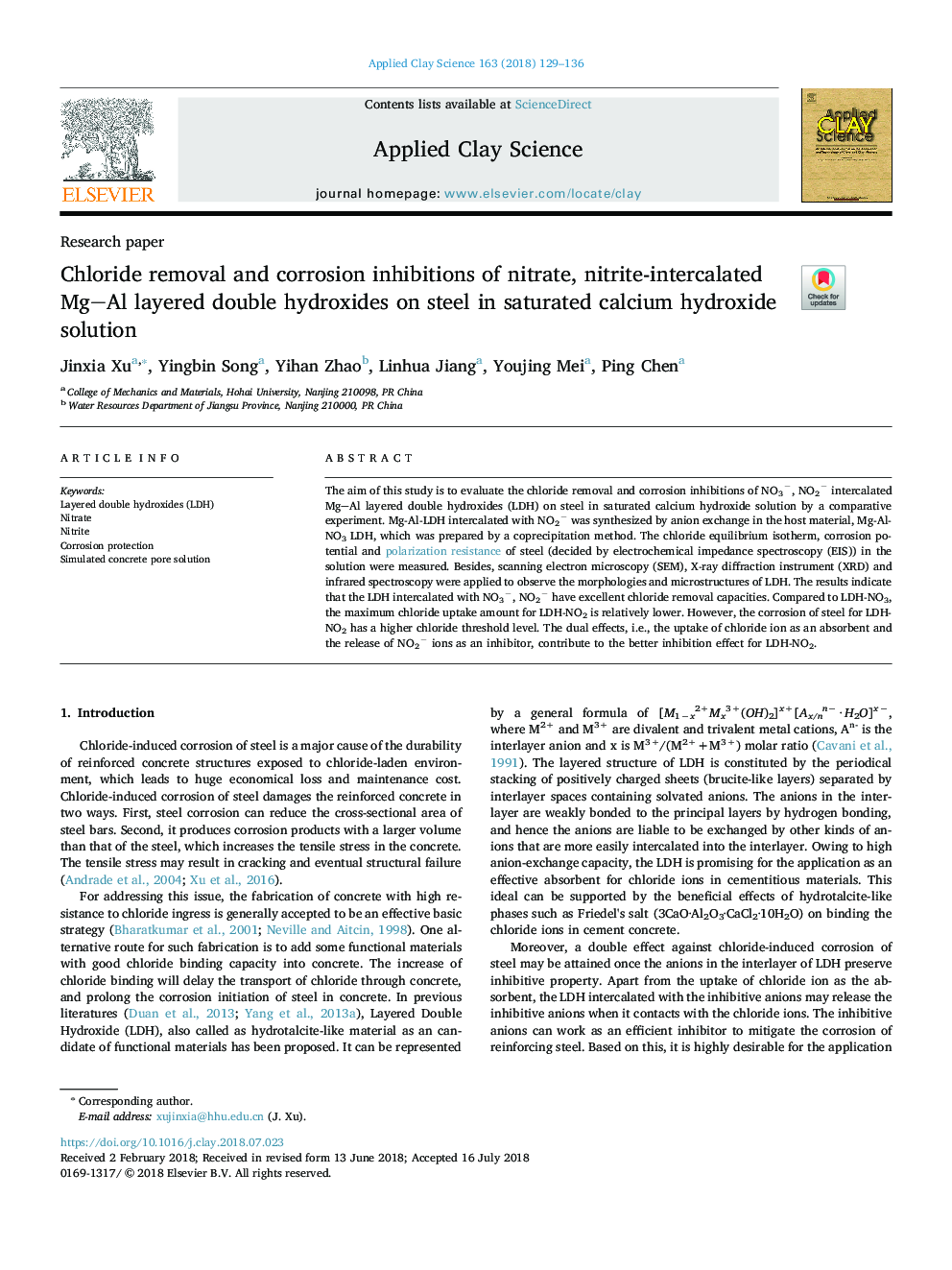 عکس صفحه اول مقاله: Chloride removal and corrosion inhibitions of nitrate, nitrite-intercalated MgAl layered double hydroxides on steel in saturated calcium hydroxide solution Chloride removal and corrosion inhibitions of nitrate, nitrite-intercalated MgAl layered double hydroxides on steel in saturated calcium hydroxide solution