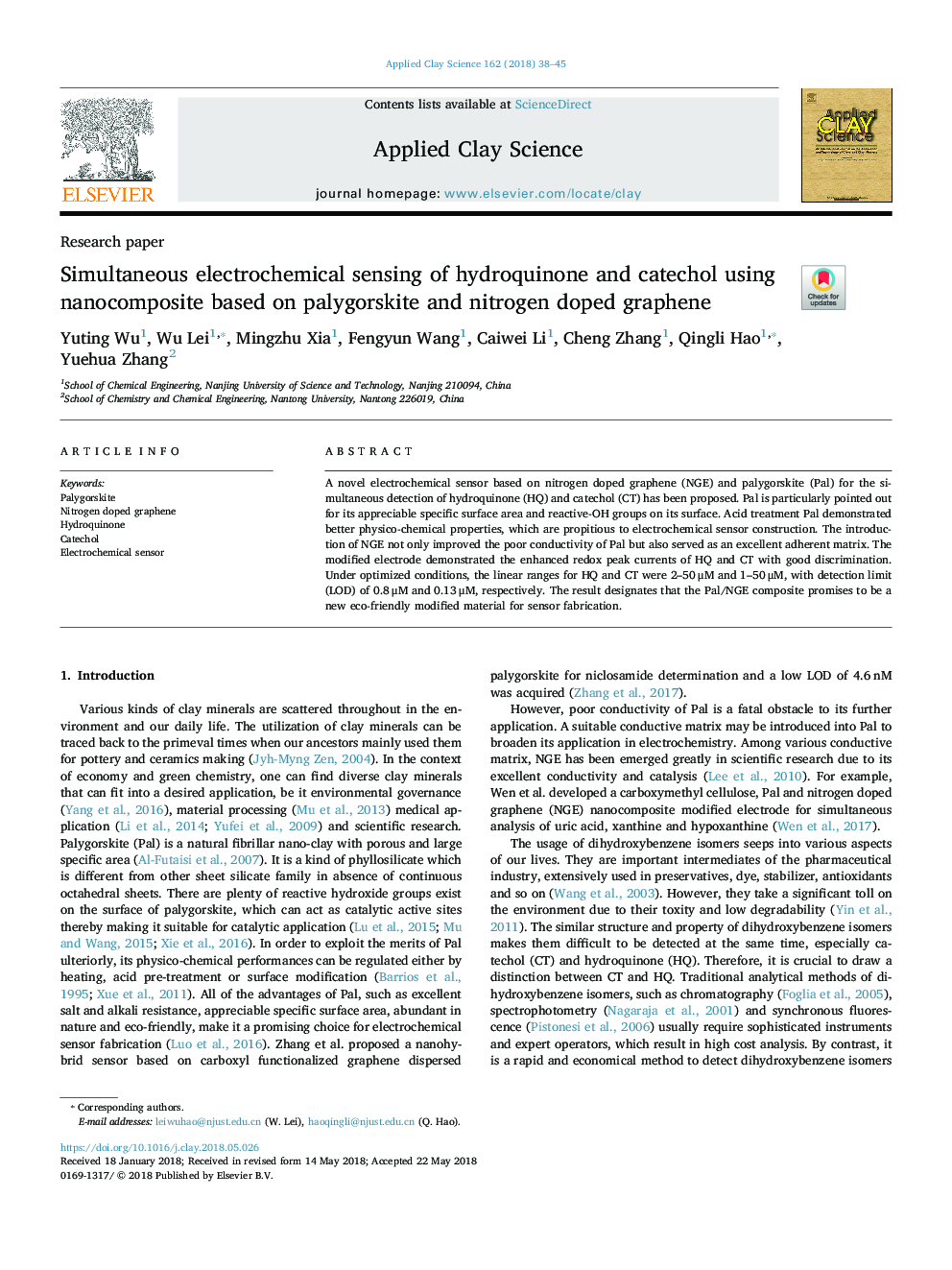 Simultaneous electrochemical sensing of hydroquinone and catechol using nanocomposite based on palygorskite and nitrogen doped graphene