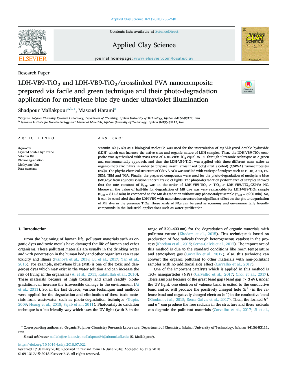 LDH-VB9-TiO2 and LDH-VB9-TiO2/crosslinked PVA nanocomposite prepared via facile and green technique and their photo-degradation application for methylene blue dye under ultraviolet illumination