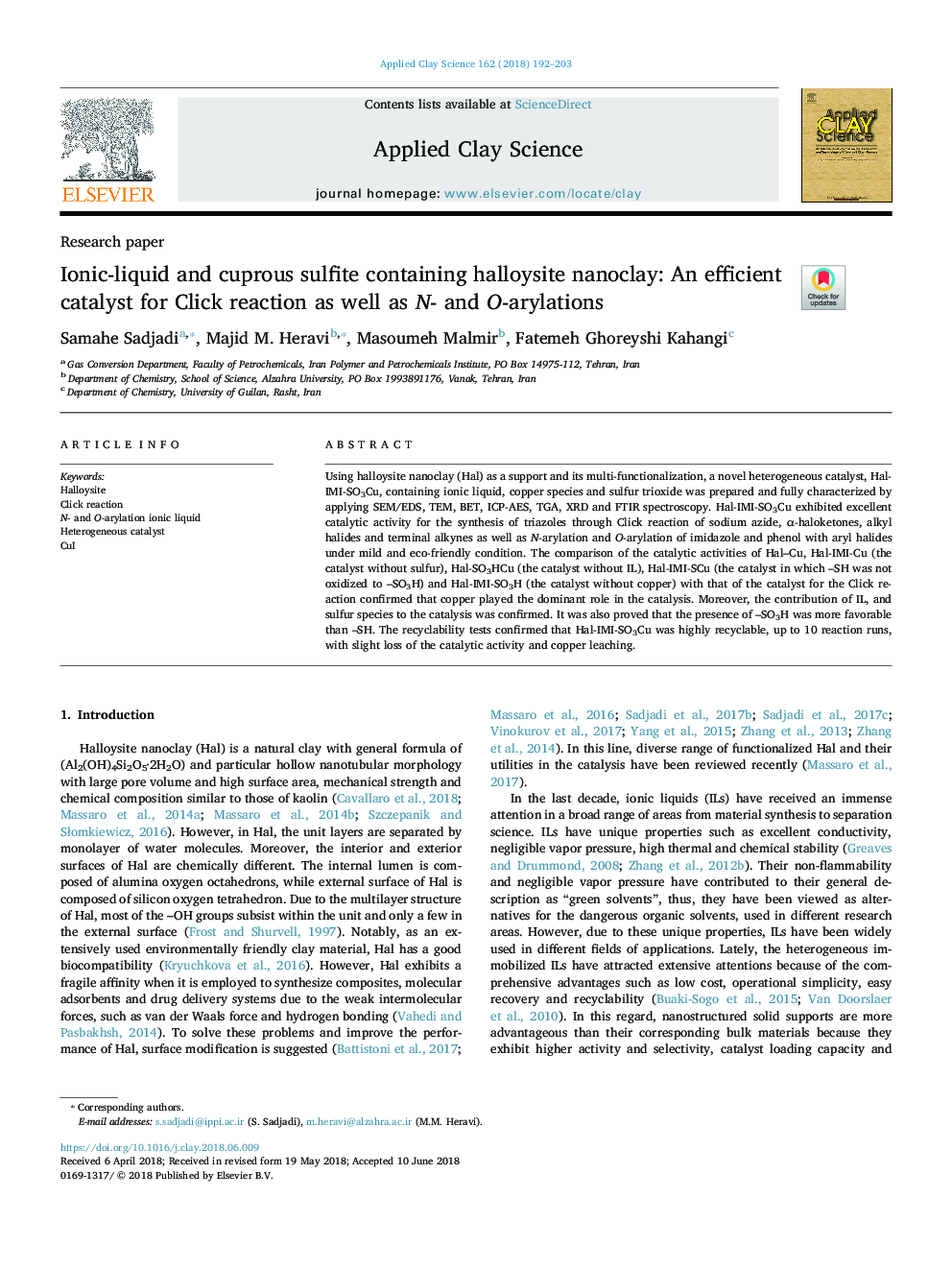 Ionic-liquid and cuprous sulfite containing halloysite nanoclay: An efficient catalyst for Click reaction as well as N- and O-arylations