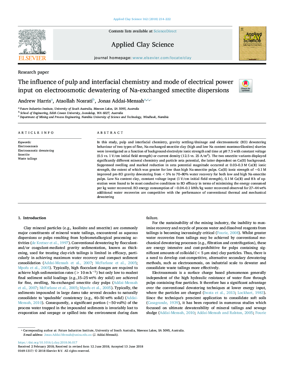 The influence of pulp and interfacial chemistry and mode of electrical power input on electroosmotic dewatering of Na-exchanged smectite dispersions