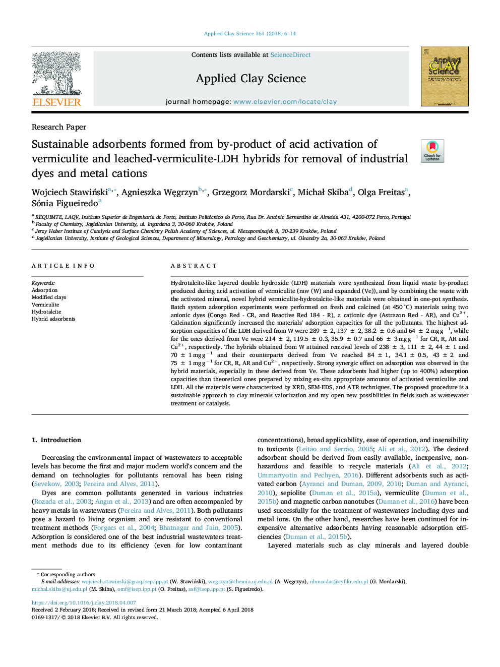 Sustainable adsorbents formed from by-product of acid activation of vermiculite and leached-vermiculite-LDH hybrids for removal of industrial dyes and metal cations